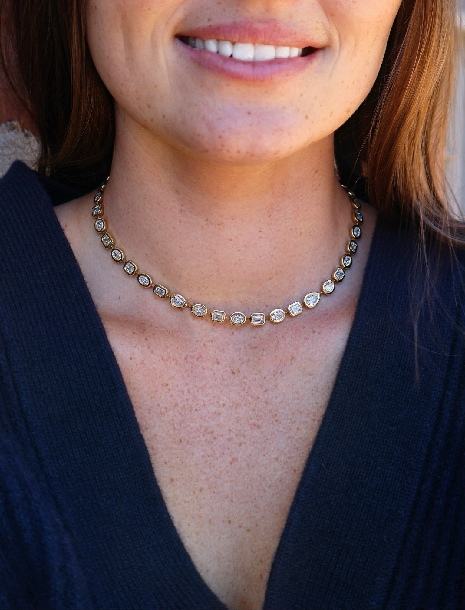 18k yellow gold GIA certified multi-shape diamond necklace with domed pillow bezel setting riviera eternity necklace Tiny Gods