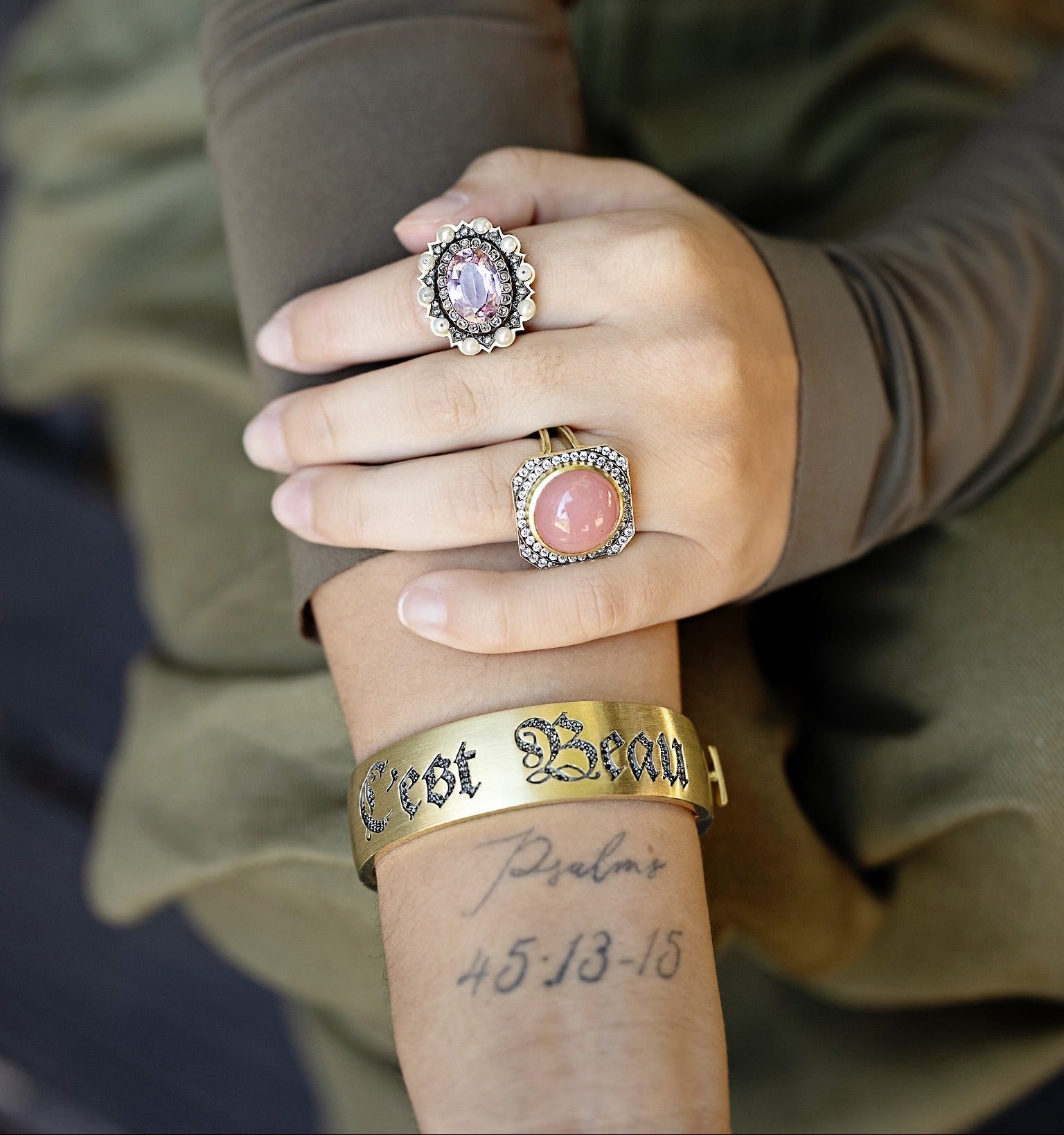 18k yellow gold black diamond inscription c'est beau c'est cher its beautiful its expensive cuff wide bracelet by Sylva & Cie Tiny Gods 