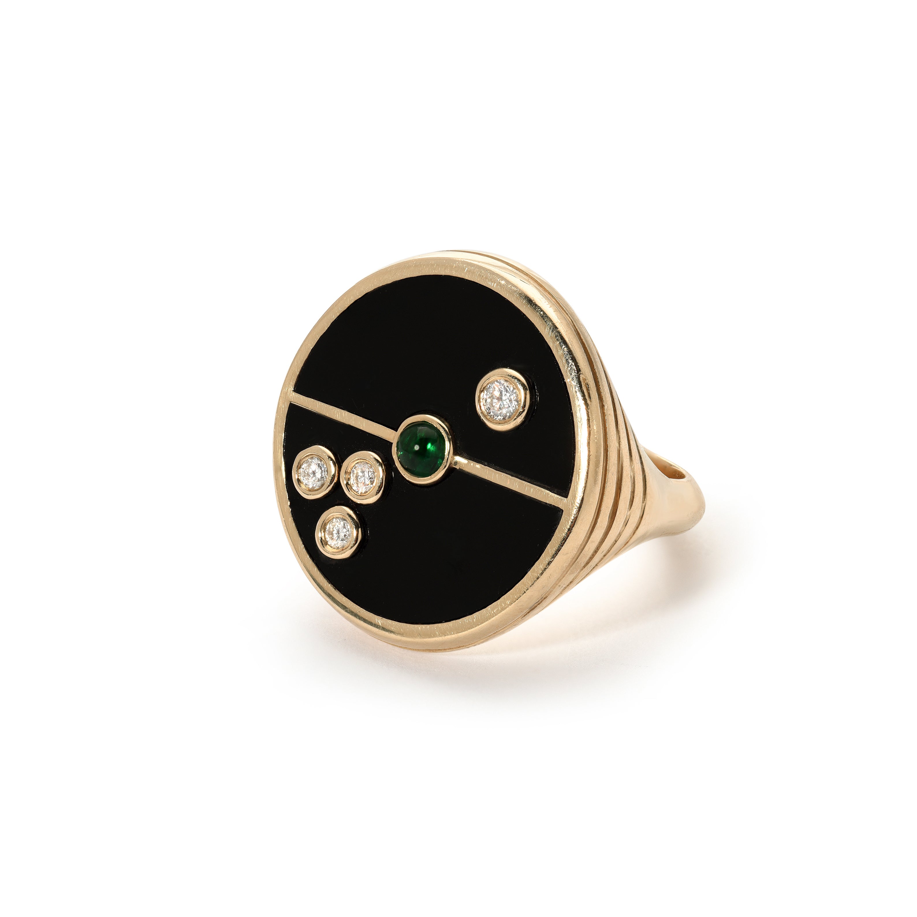 14k yellow gold compass ring with black onyx inlay with diamonds and emerald center by Retrouvai Tiny Gods 