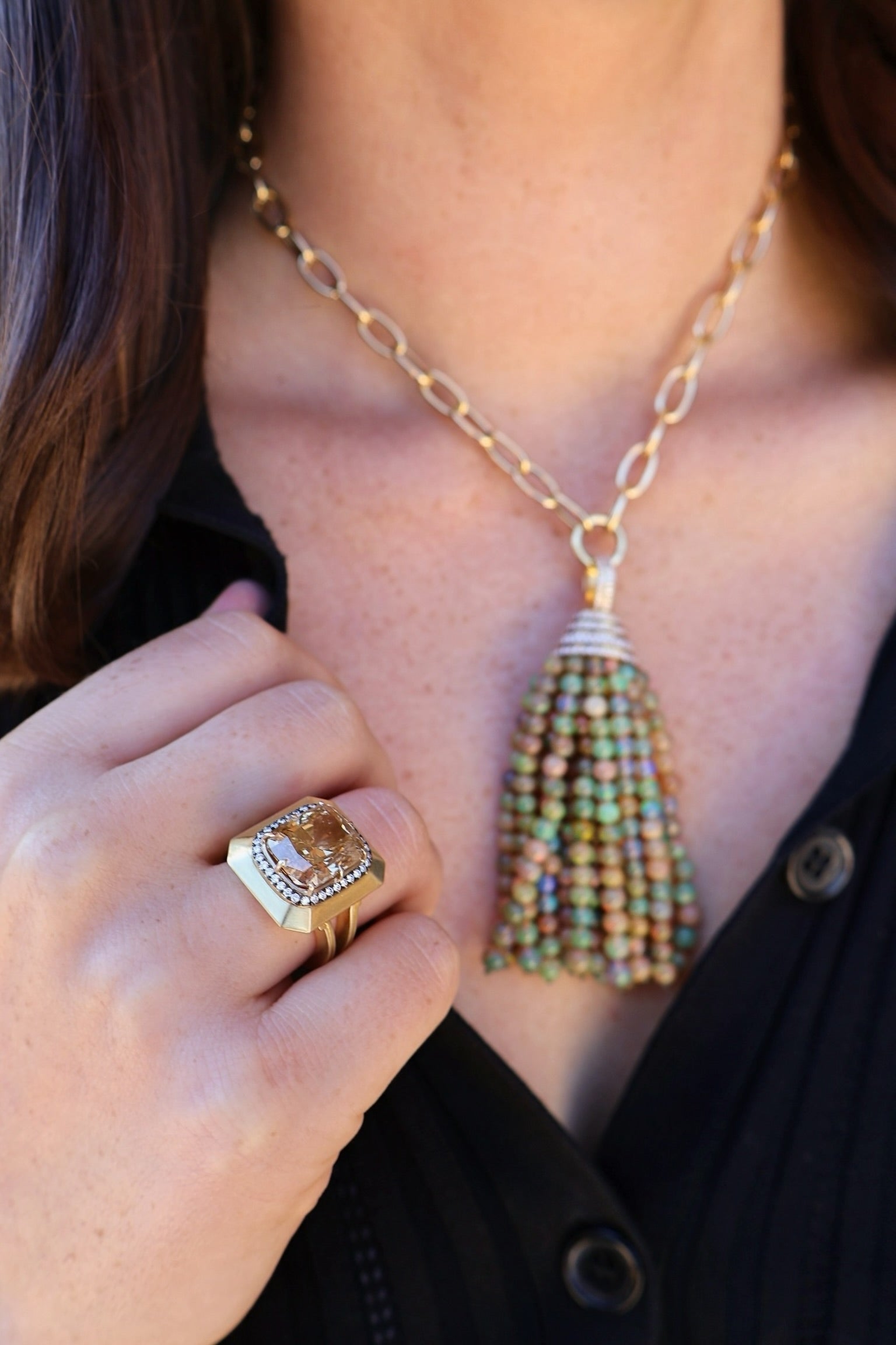 18k yellow gold black opal beaded tassel necklace pendant with diamonds on oval link chain by Goshwara Tiny Gods 