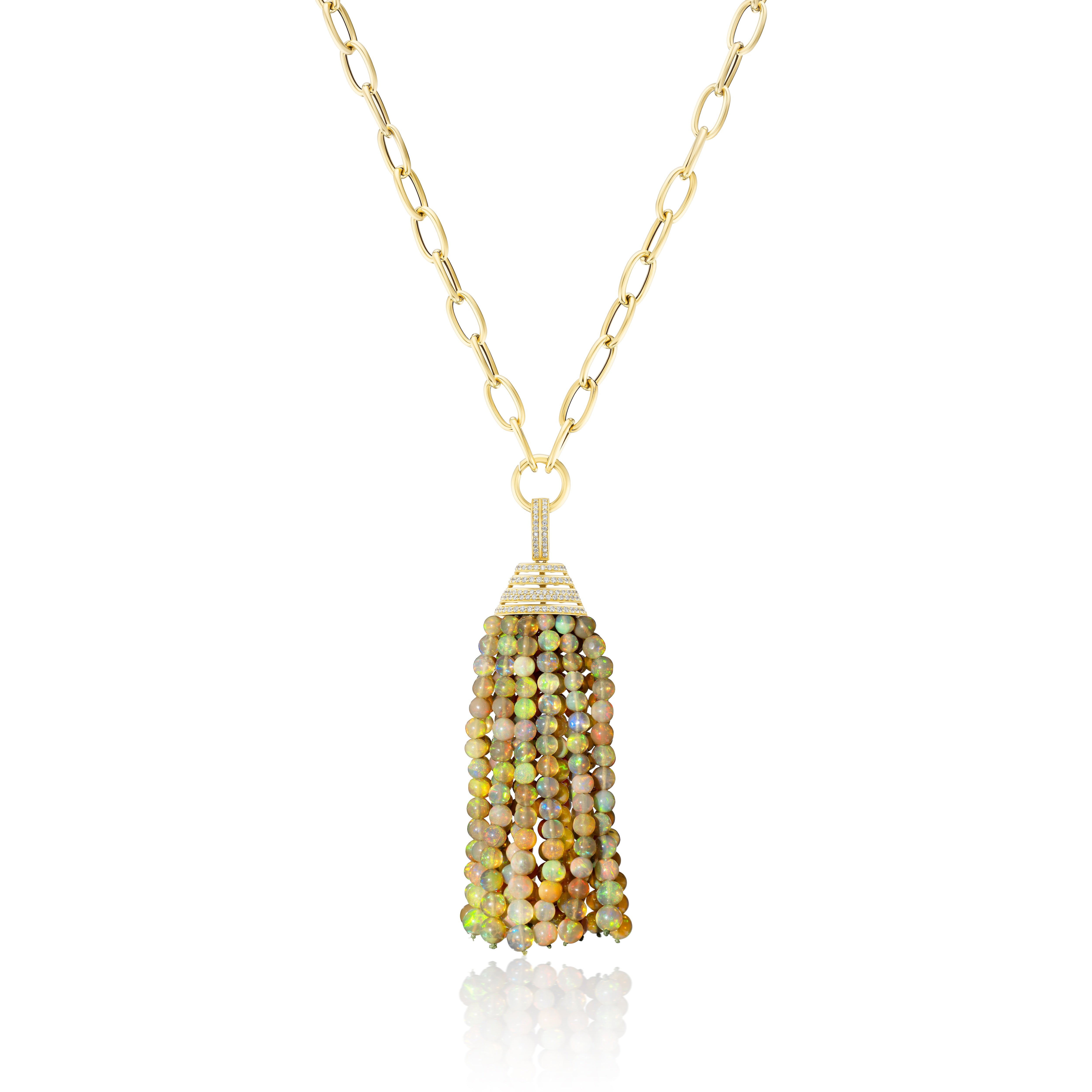 18k yellow gold black opal beaded tassel necklace pendant with diamonds on oval link chain by Goshwara Tiny Gods 