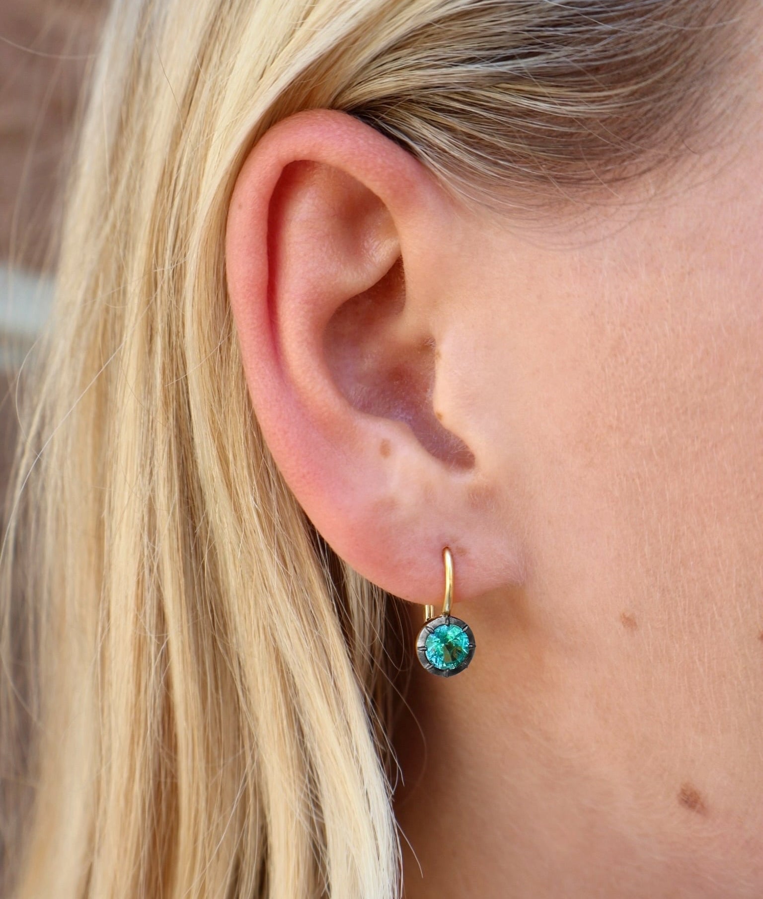 18k yellow gold round emerald regency drop earrings with black rhodium Georgian setting antique drop hanging earrings by Tiny Gods 