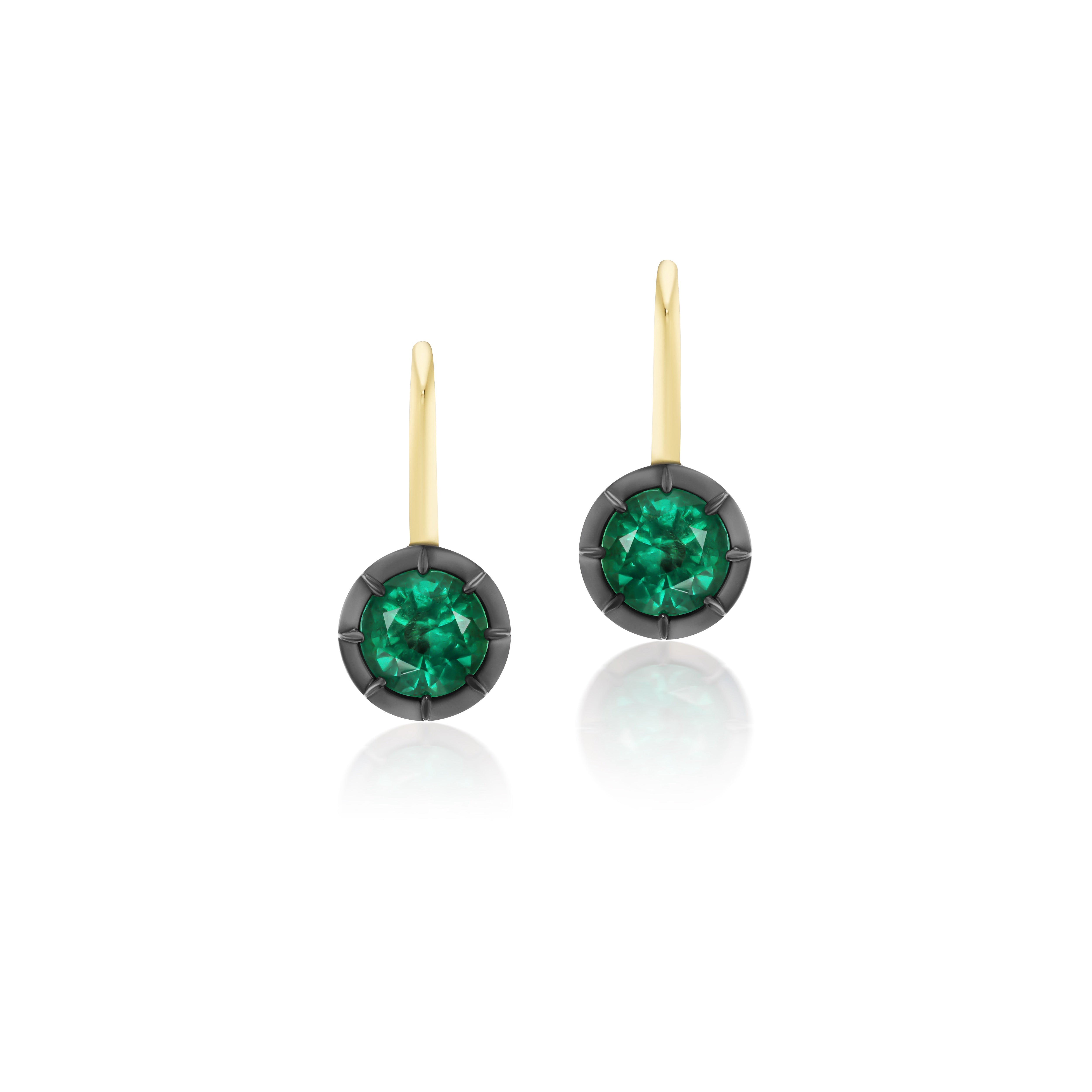 18k yellow gold round emerald regency drop earrings with black rhodium Georgian setting antique drop hanging earrings by Tiny Gods 