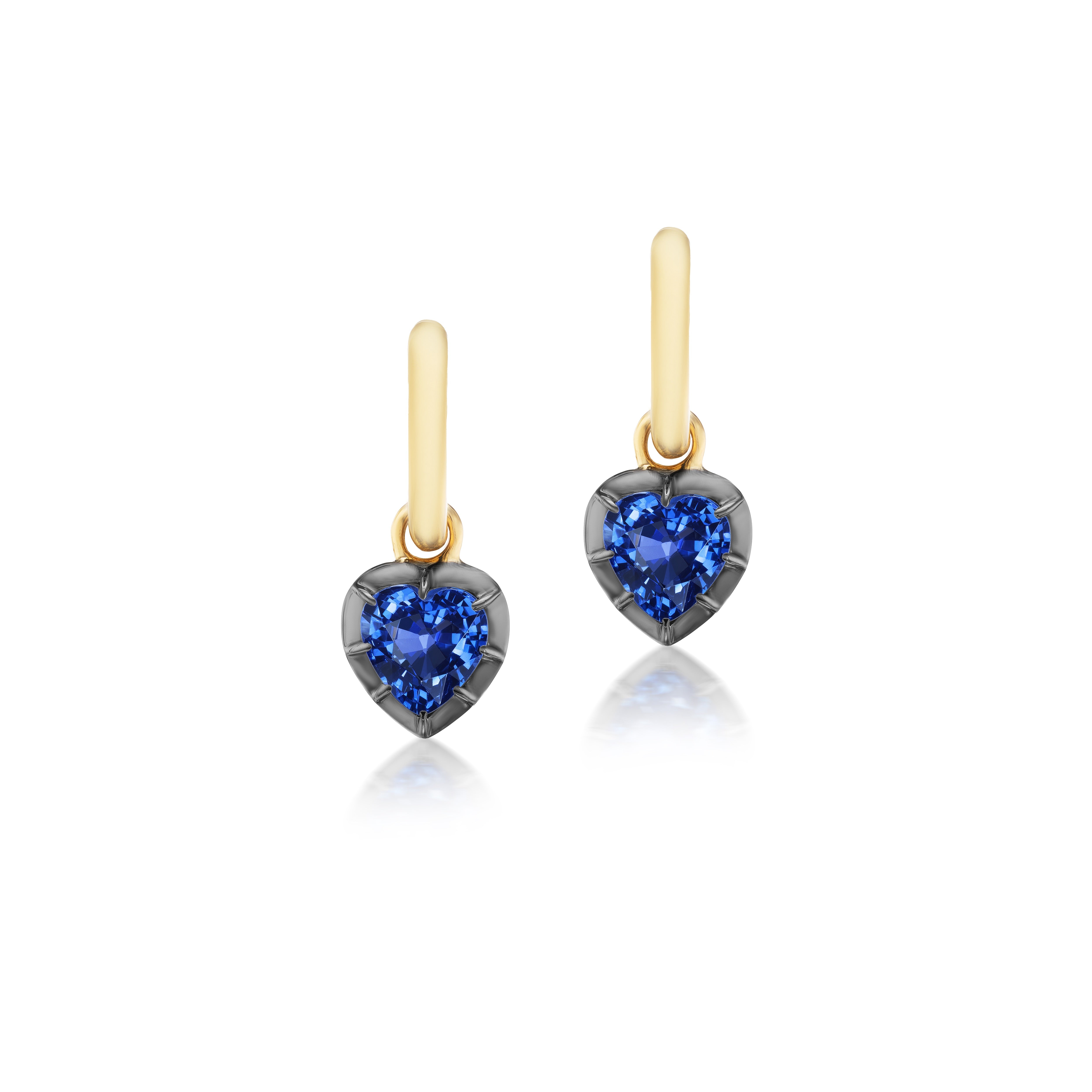 18k yellow gold and black rhodium plated blue sapphire heart dangle earrings regency with gold huggies Tiny Gods 