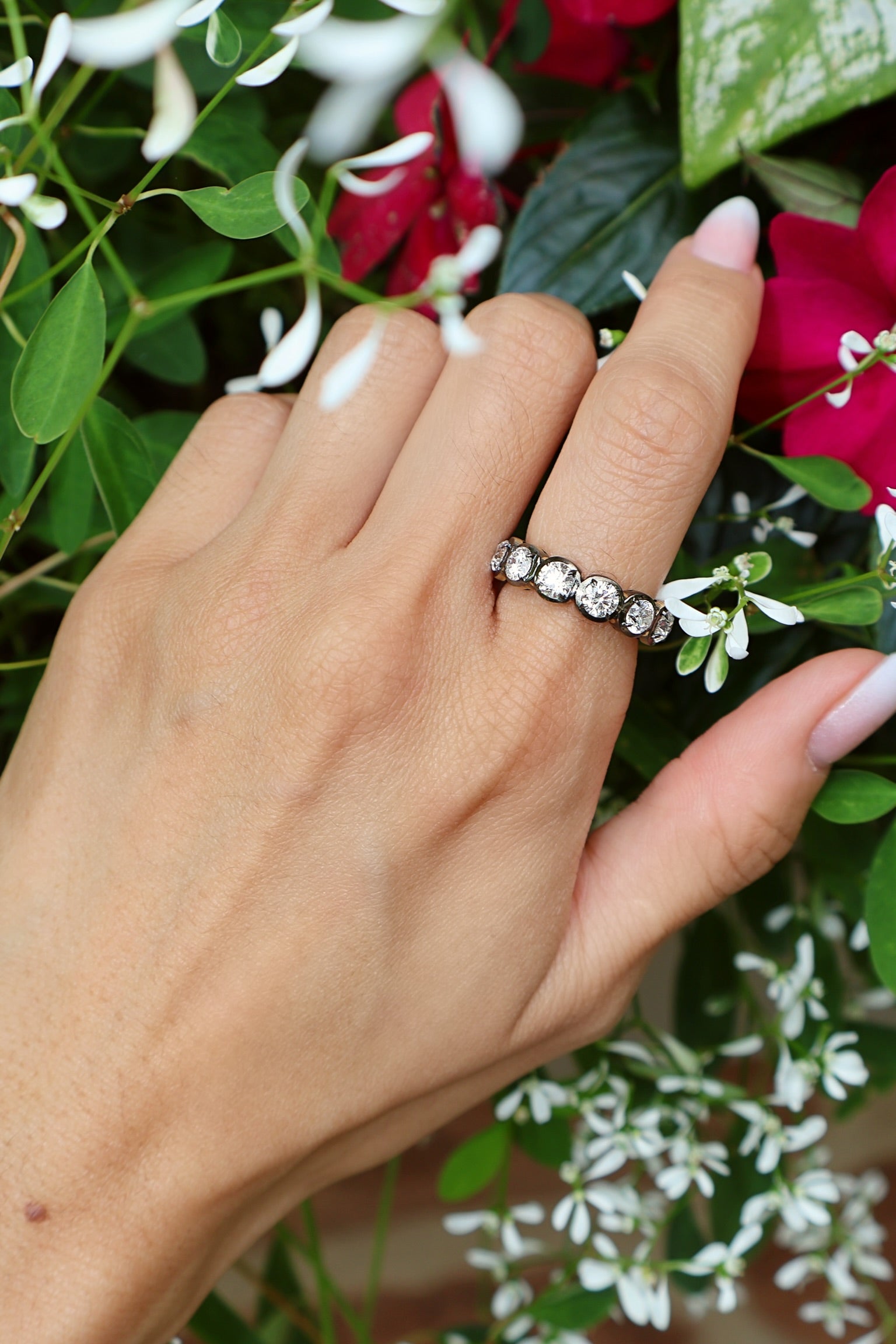 18k yellow gold black rhodium round brilliant cut diamonds 3.73cts eternity regency band ring by Tiny Gods 