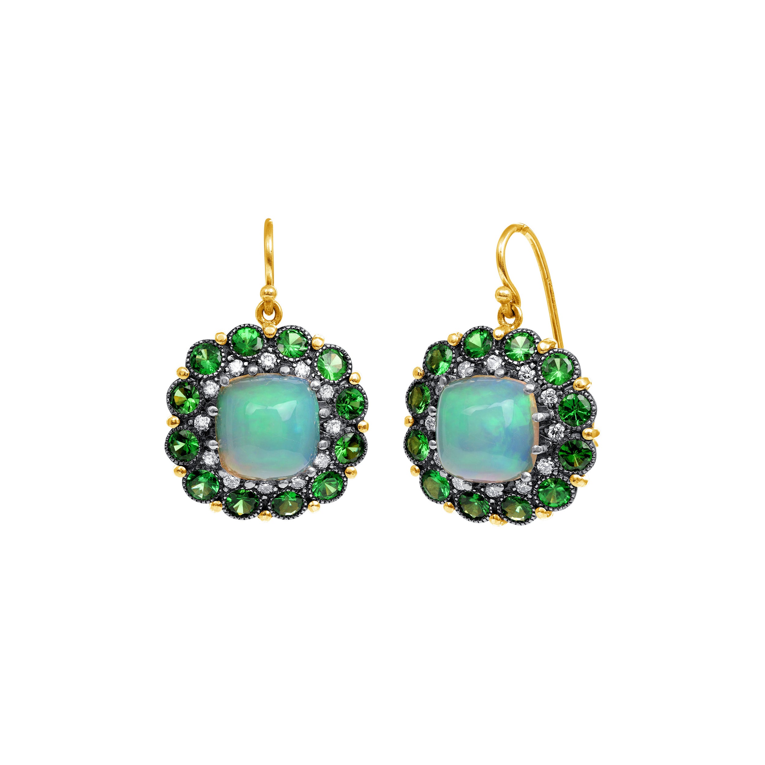 22k yellow gold and sterling silver green tsavorite diamond and opal drop earrings on French wire by Arman Sarkisyan Tiny Gods 
