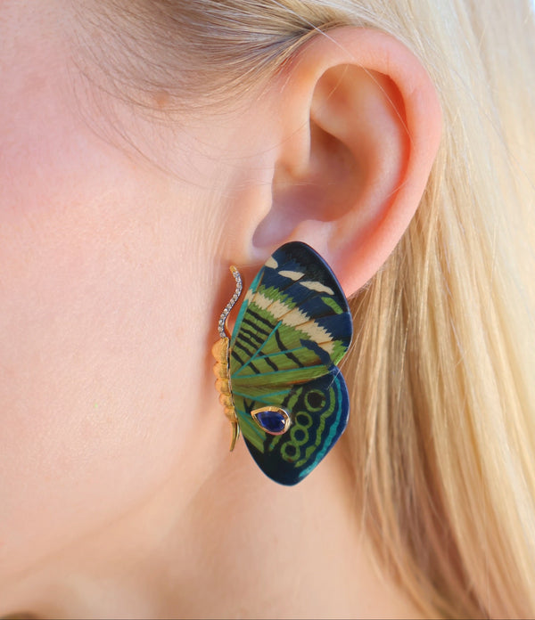 18k yellow gold green and teal butterfly marquetry earrings with kyanite by Silvia Furmanovich Tiny Gods