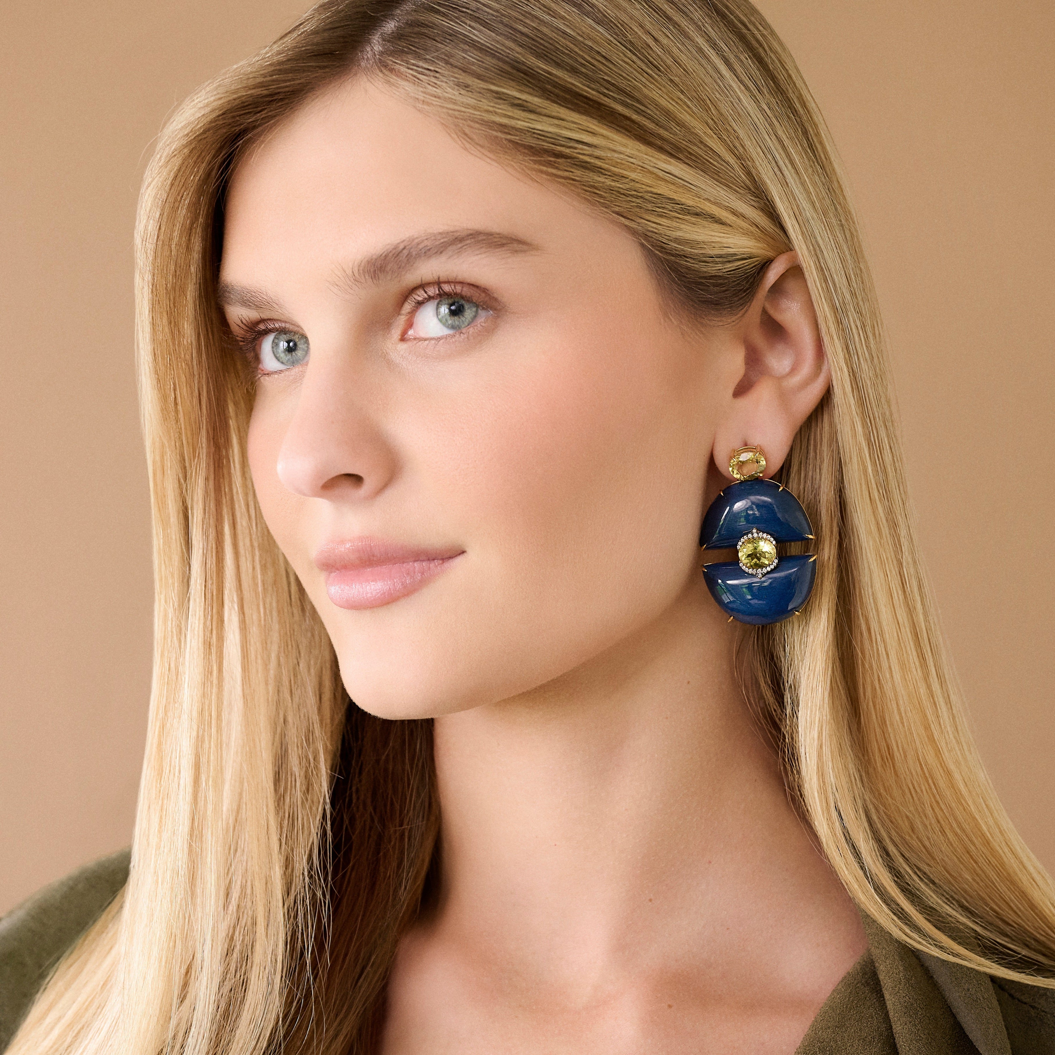 18k yellow gold blue wood marquetry semi circle earrings with pale yellow green semi precious stones by Silvia Furmanovich Tiny Gods