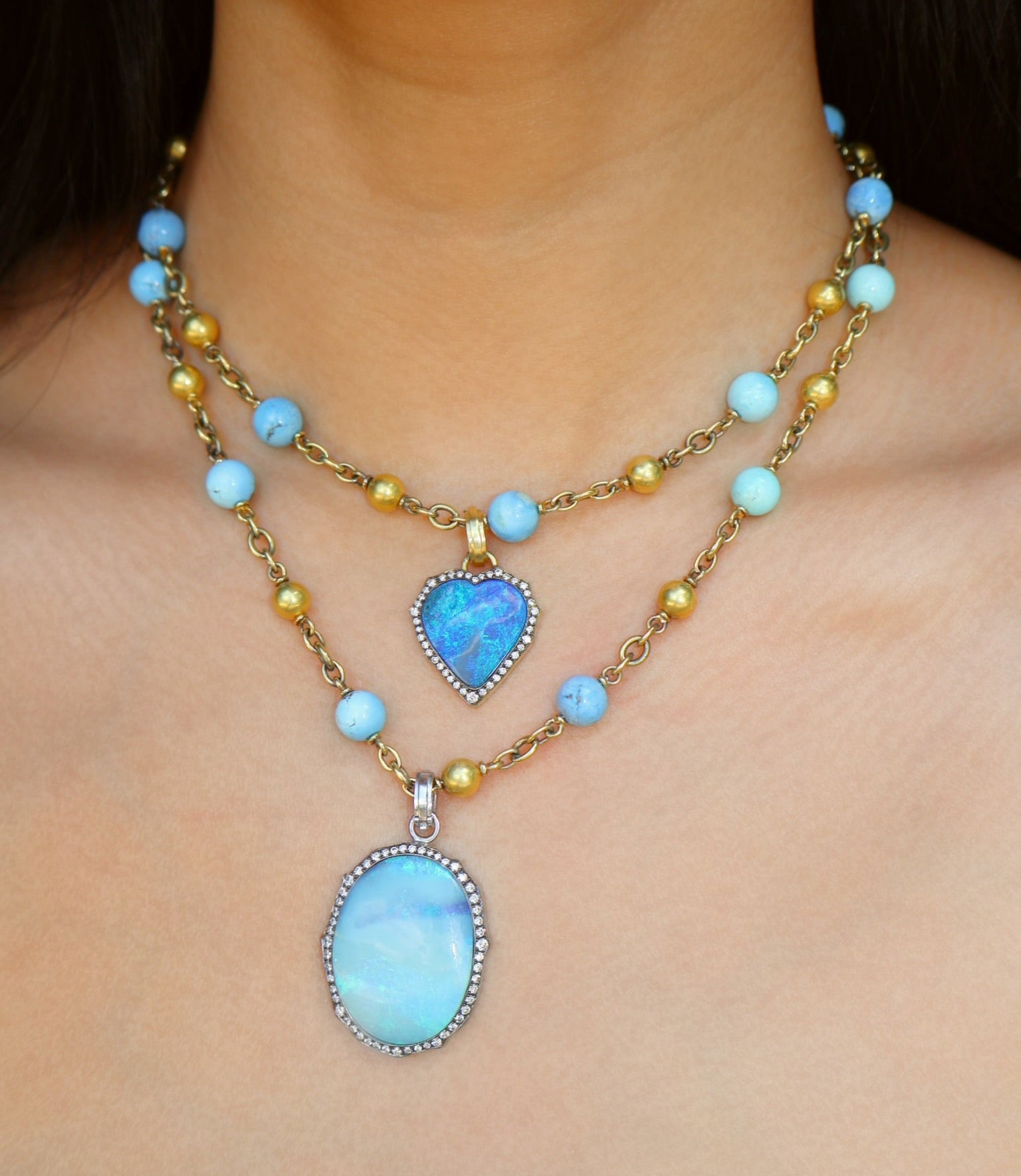 18k yellow gold petite blue green opal heart pendant with diamond border by Sylva& Cie Tiny Gods 