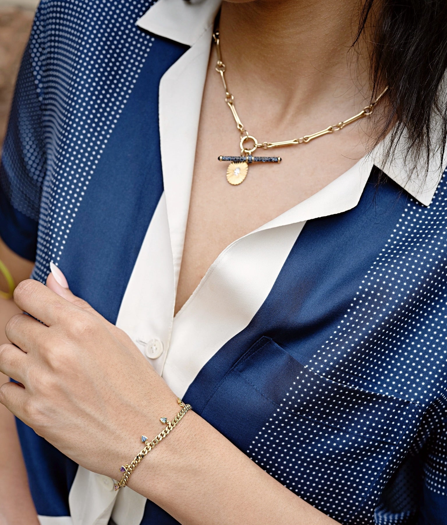 14k yellow gold blue sapphire and black rhodium t bar pendant by Lucy Delius Tiny Gods