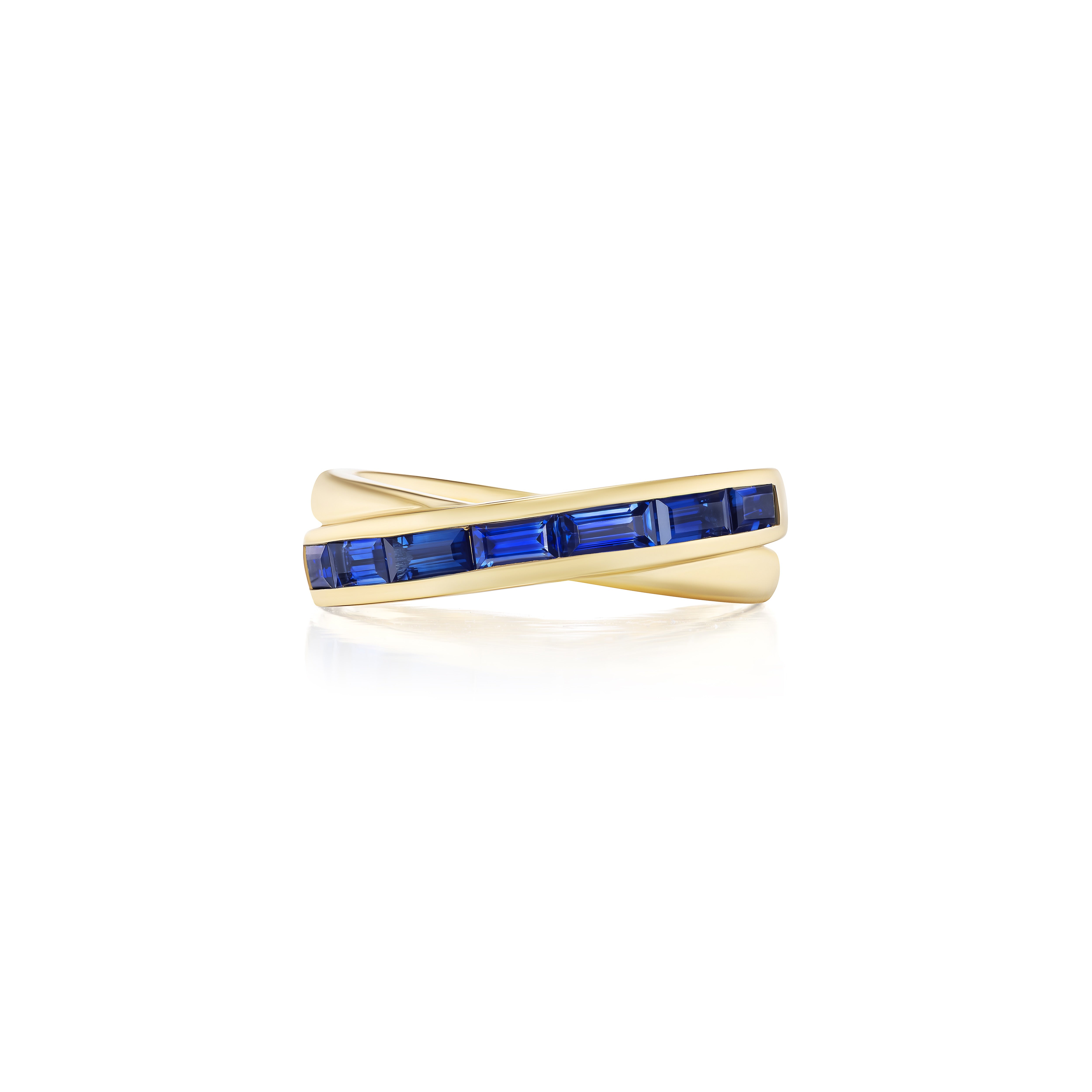 18k yellow gold blue sapphire baguette crossover ring stack Tiny Gods 