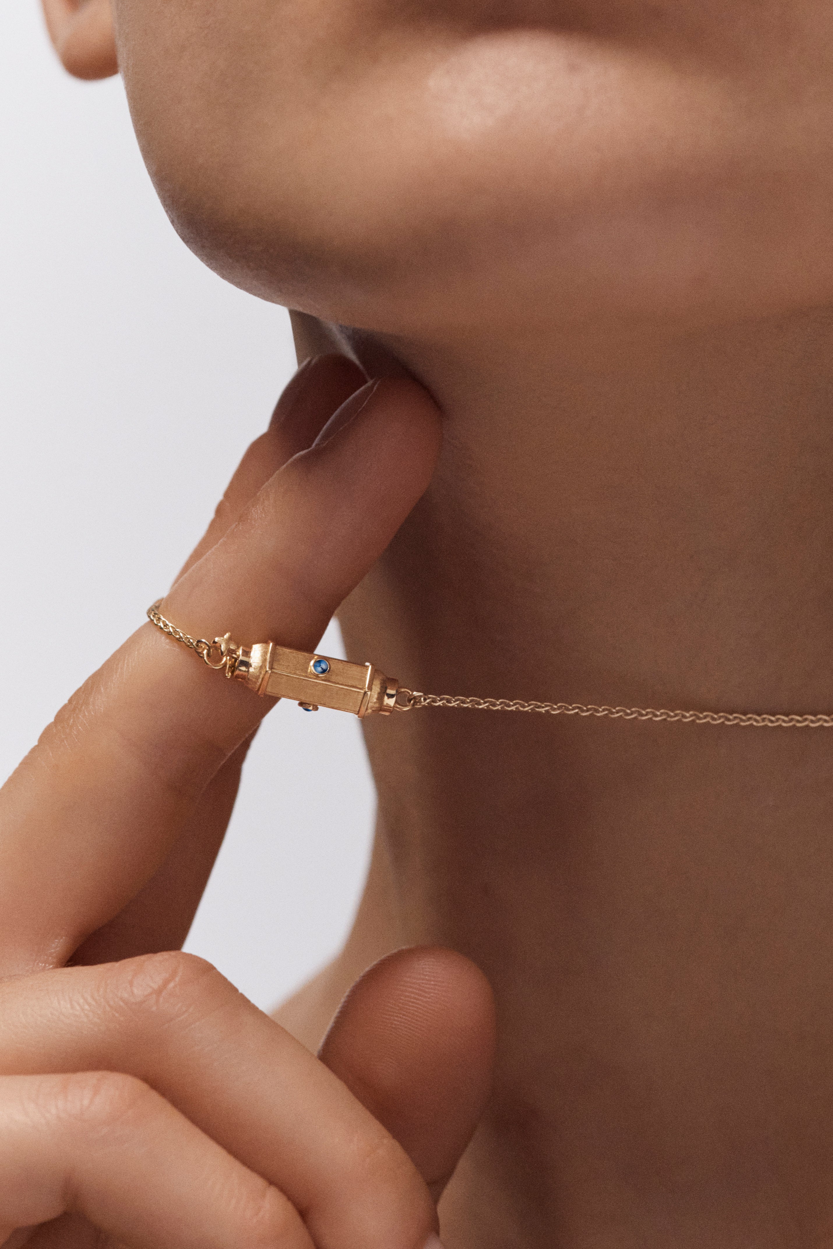 18k yellow gold blue sapphire micro coco locket pendant necklace by Marie Lichtenberg Tiny Gods 