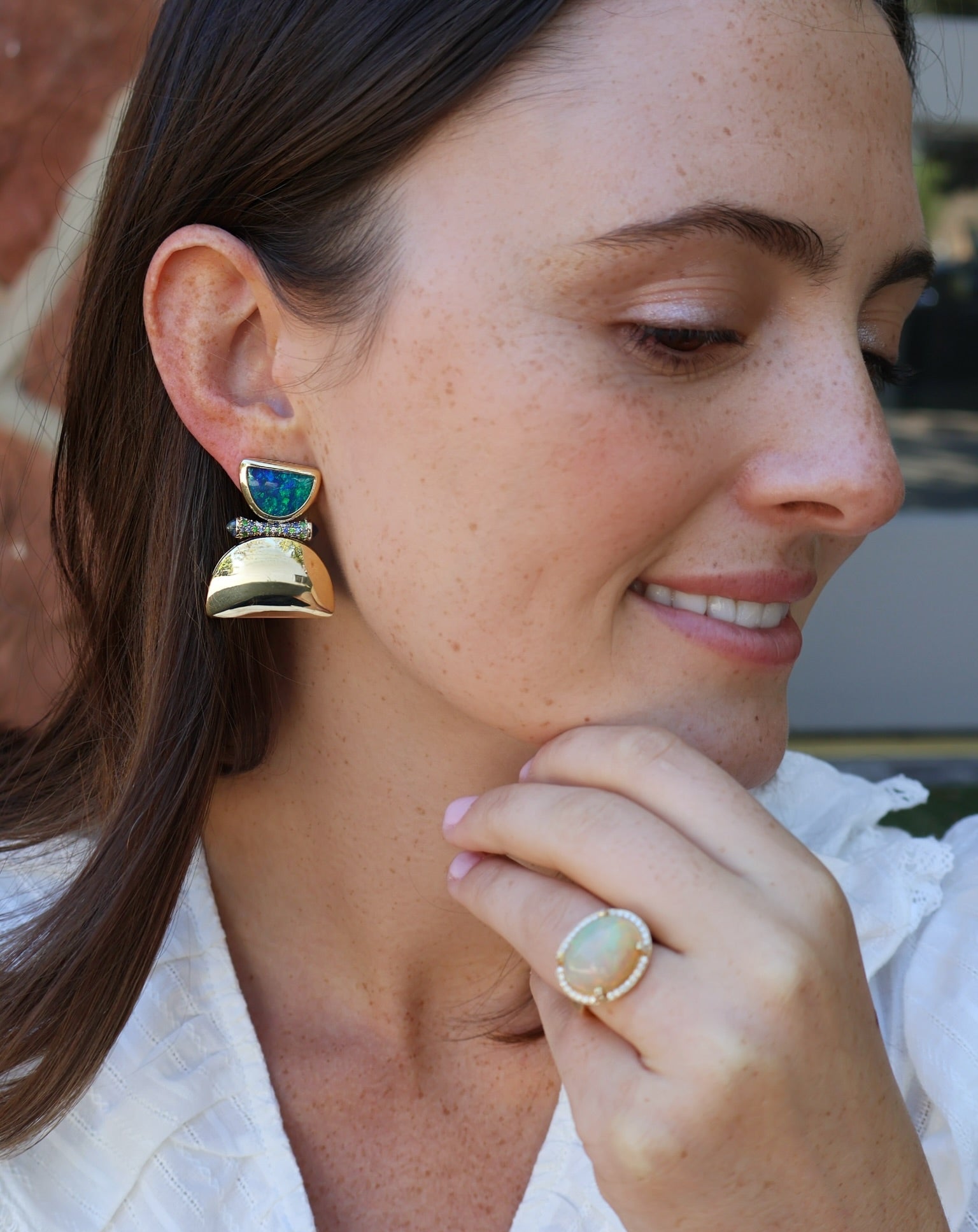 18k yellow gold blue green boulder opal earrings with blue sapphire, diamonds and green tsavorite earrings by Goshwara Tiny Gods 