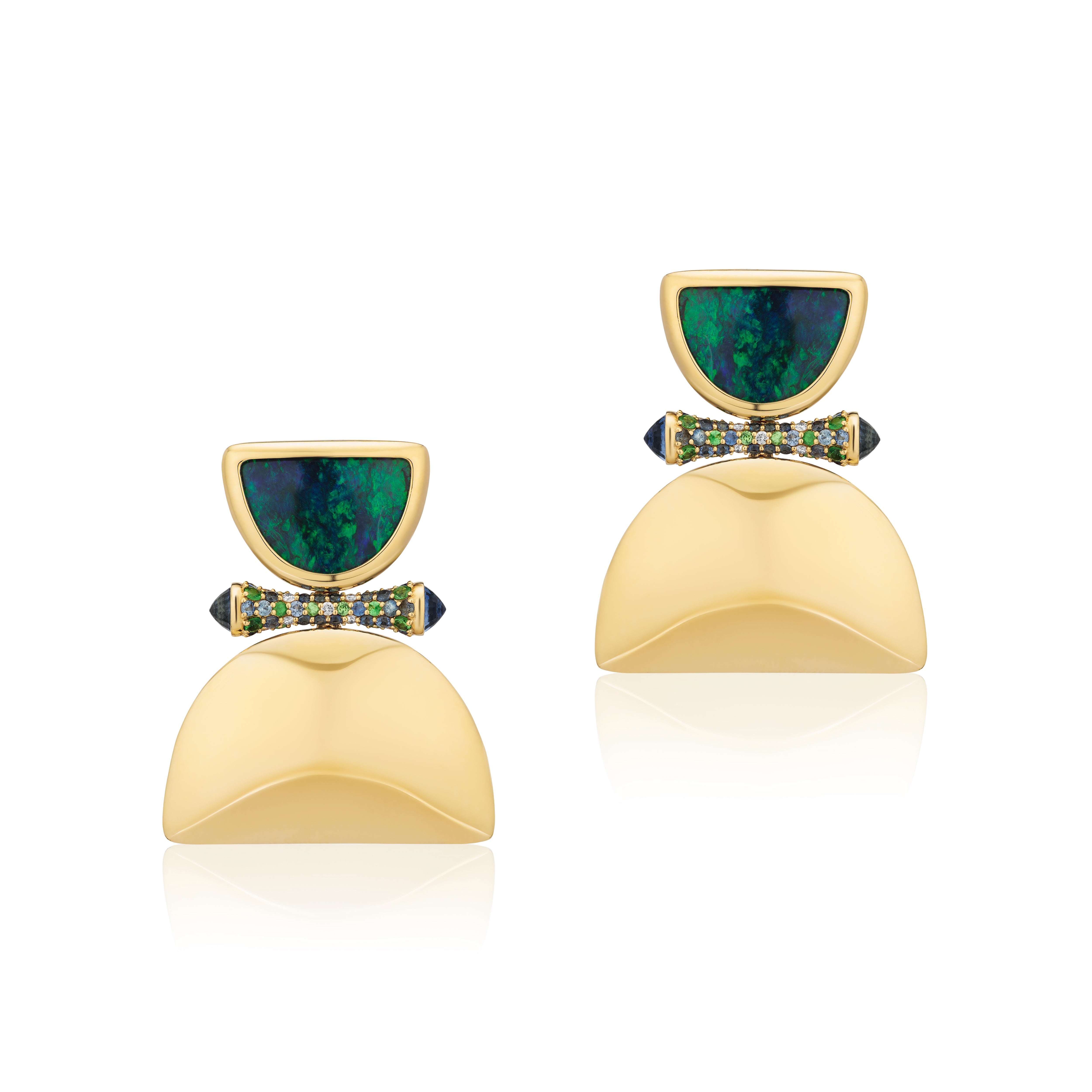 18k yellow gold blue green boulder opal earrings with blue sapphire, diamonds and green tsavorite earrings by Goshwara Tiny Gods 