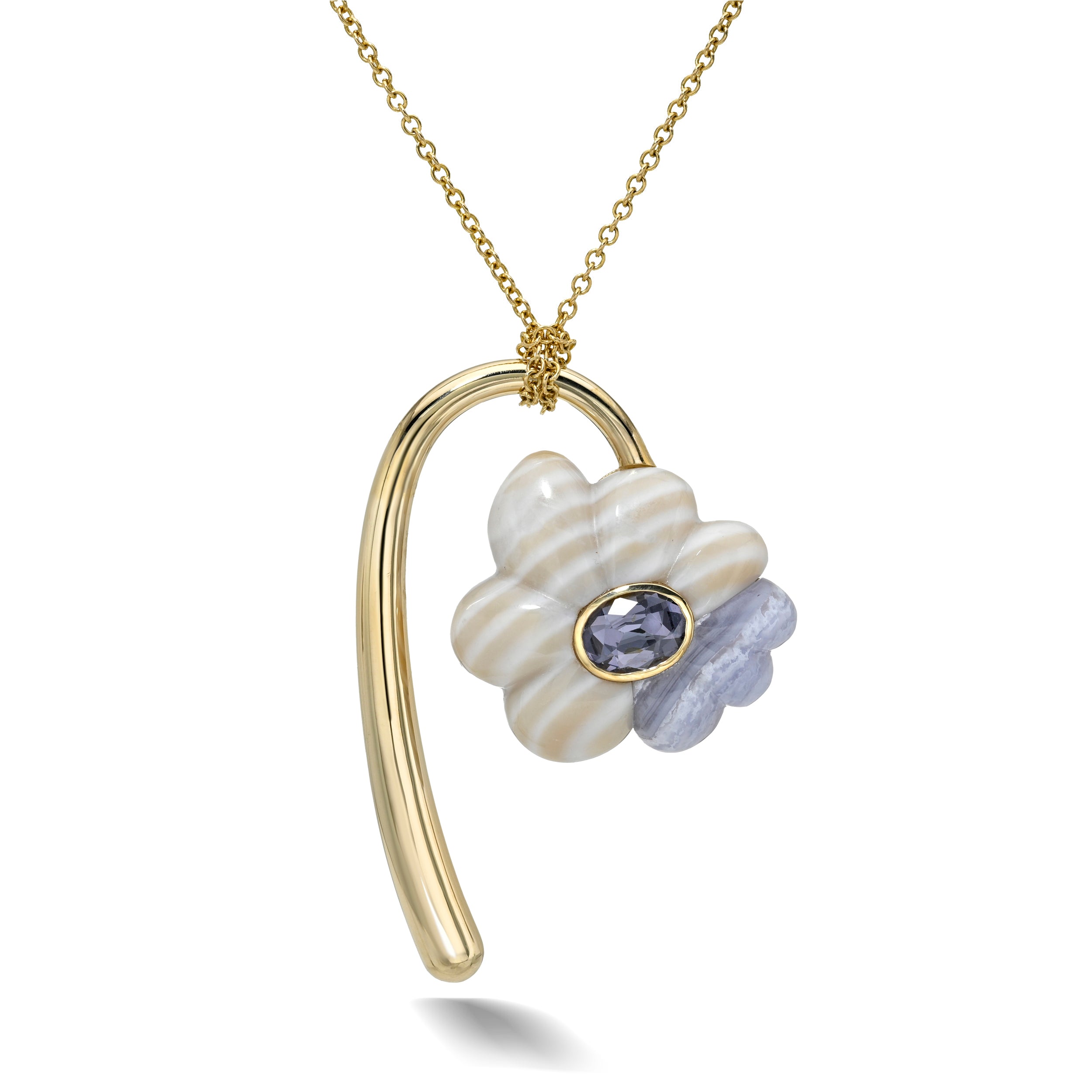 14k yellow gold Large Opal & Spinel Bond Flower Pendant charm necklace Retrouvai at tiny gods one of a kind
