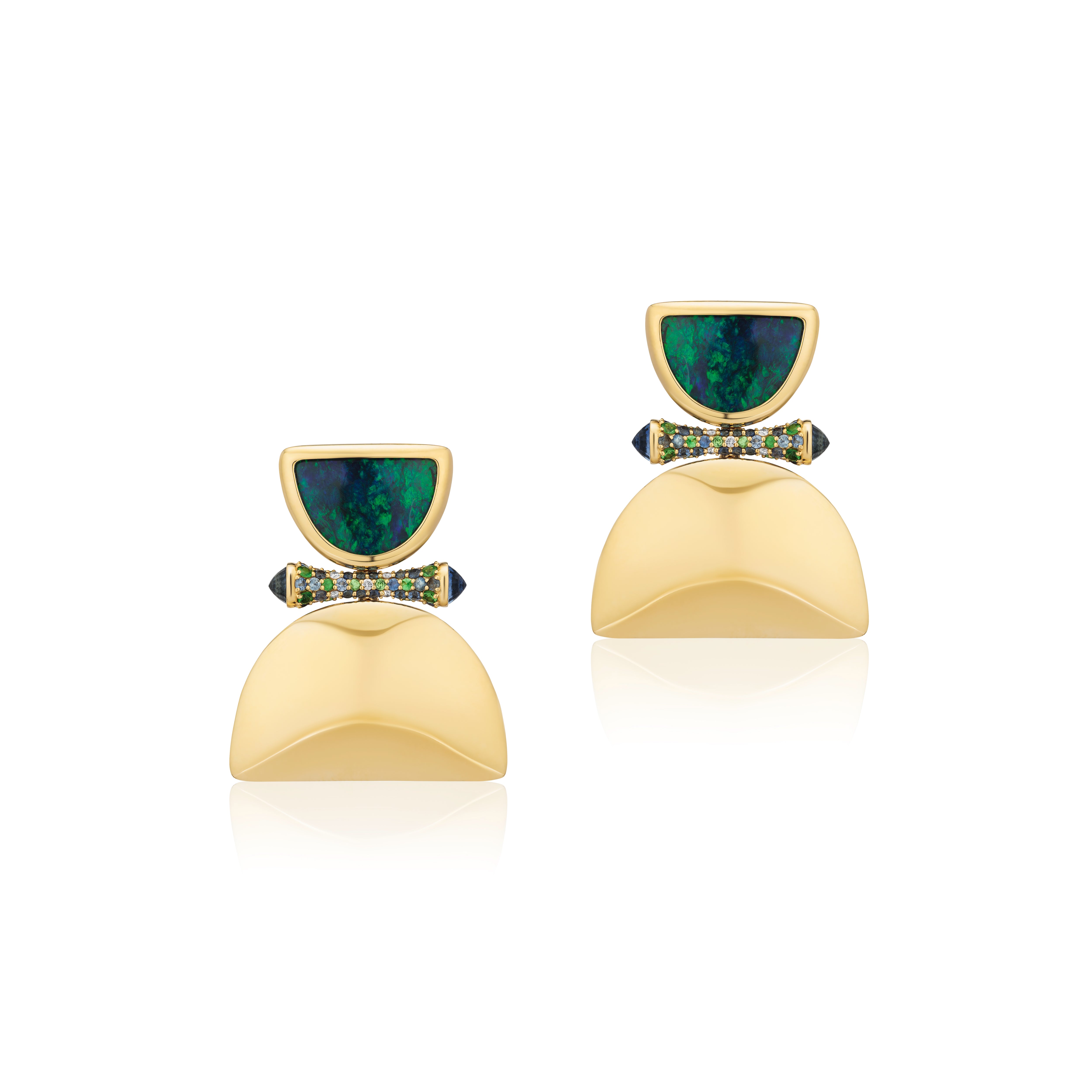 yellow gold boulder opal blue sapphire gold half round earring goshwara tiny gods 