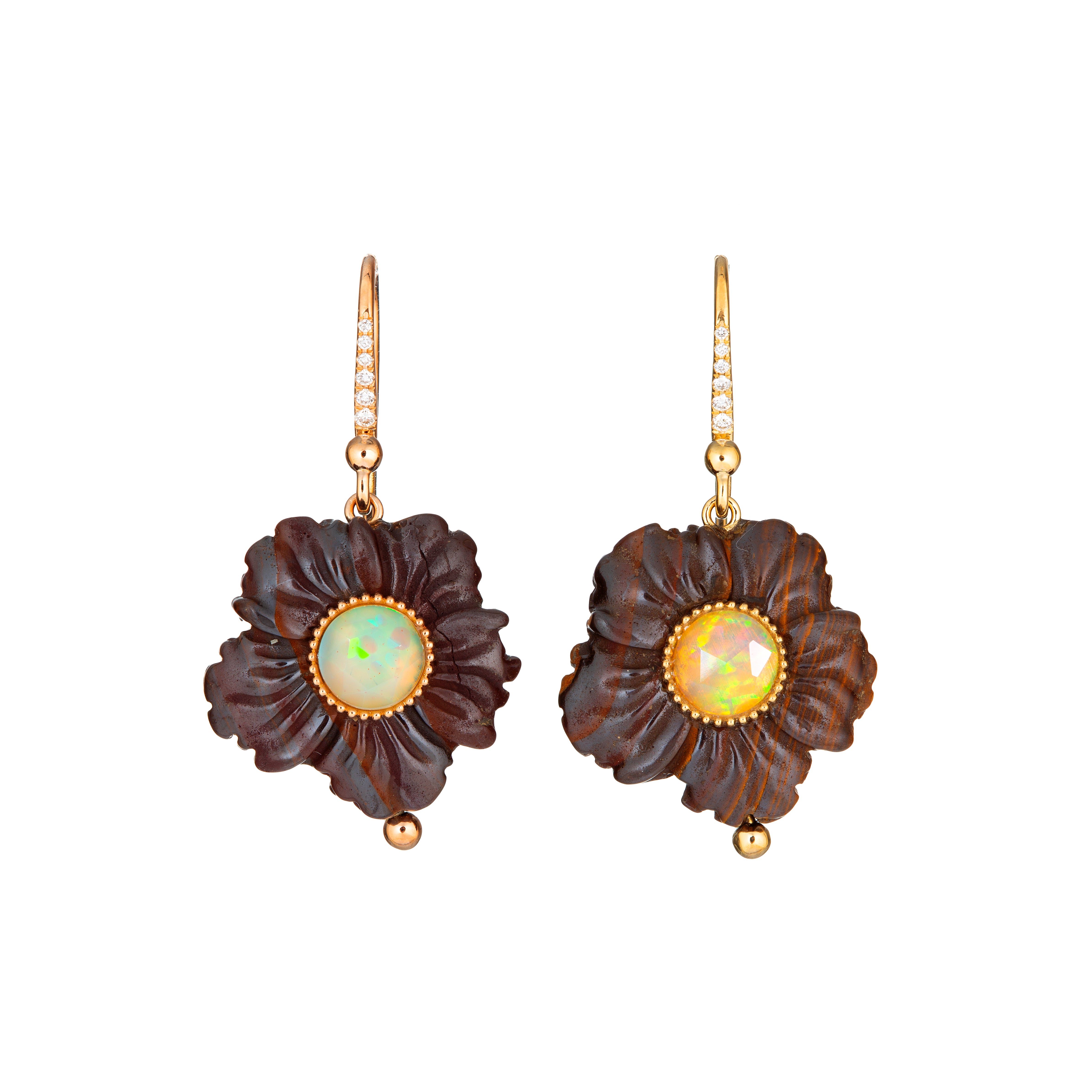18k yellow gold boulder opal hand carved flower and faceted opal center diamond French wire dangle hanging earrings by Guita M Tiny Gods 