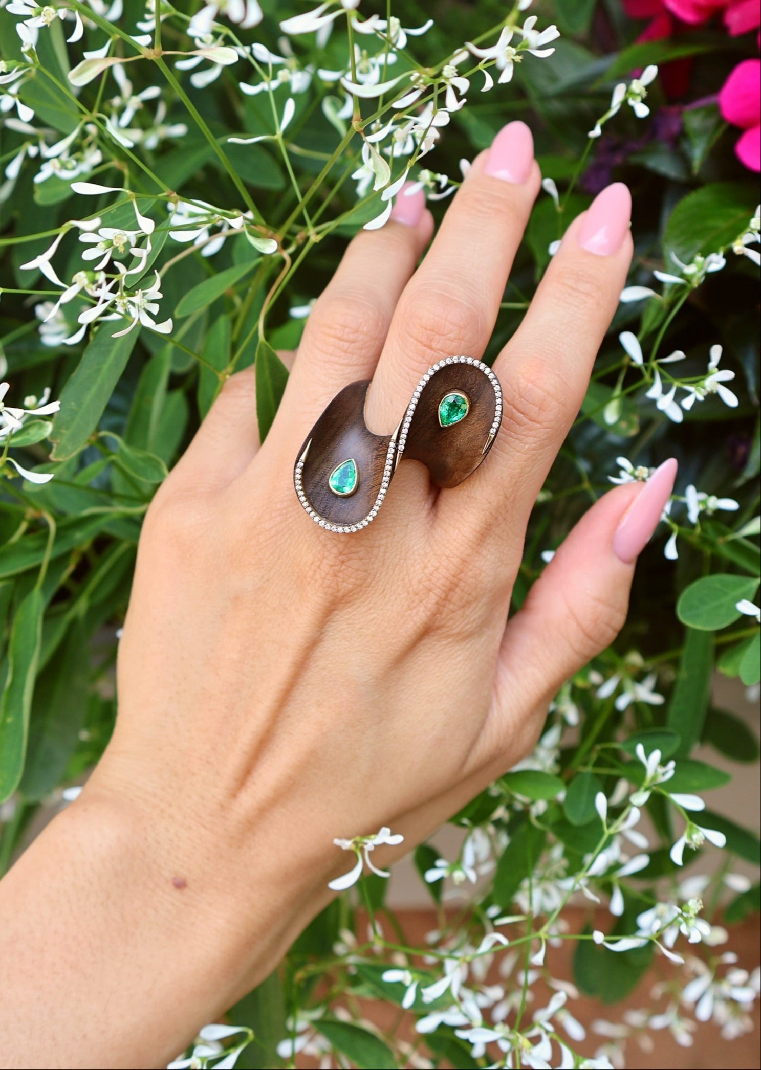 18k yellow gold Brauna wood twisted ring with pear cut emeralds by Silvia Furmanovich Tiny Gods 
