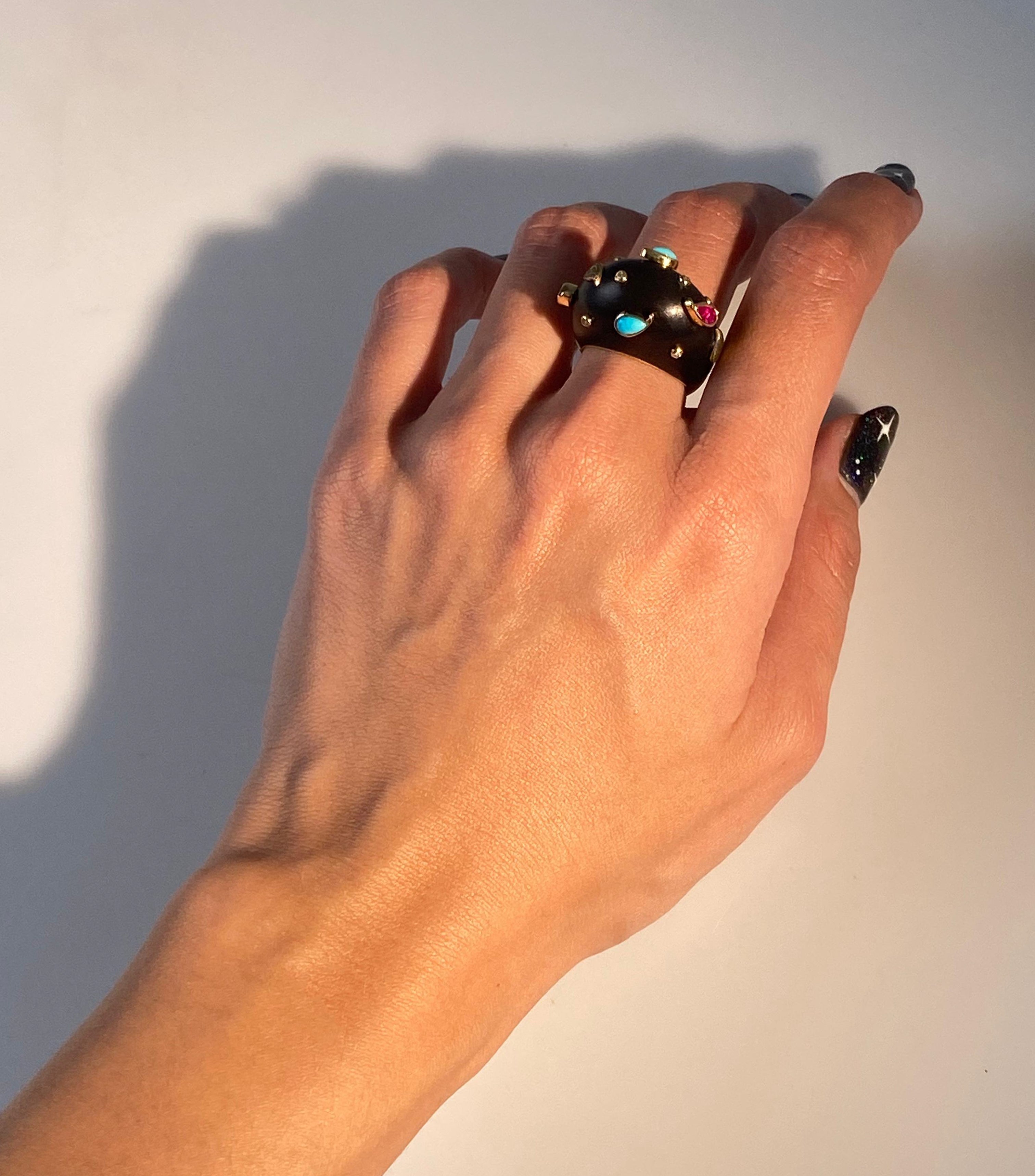 18k yellow gold Brauna wood domes bomba ring with diamonds, rubies and turquoise by Silvia Furmanovich Tiny Gods 