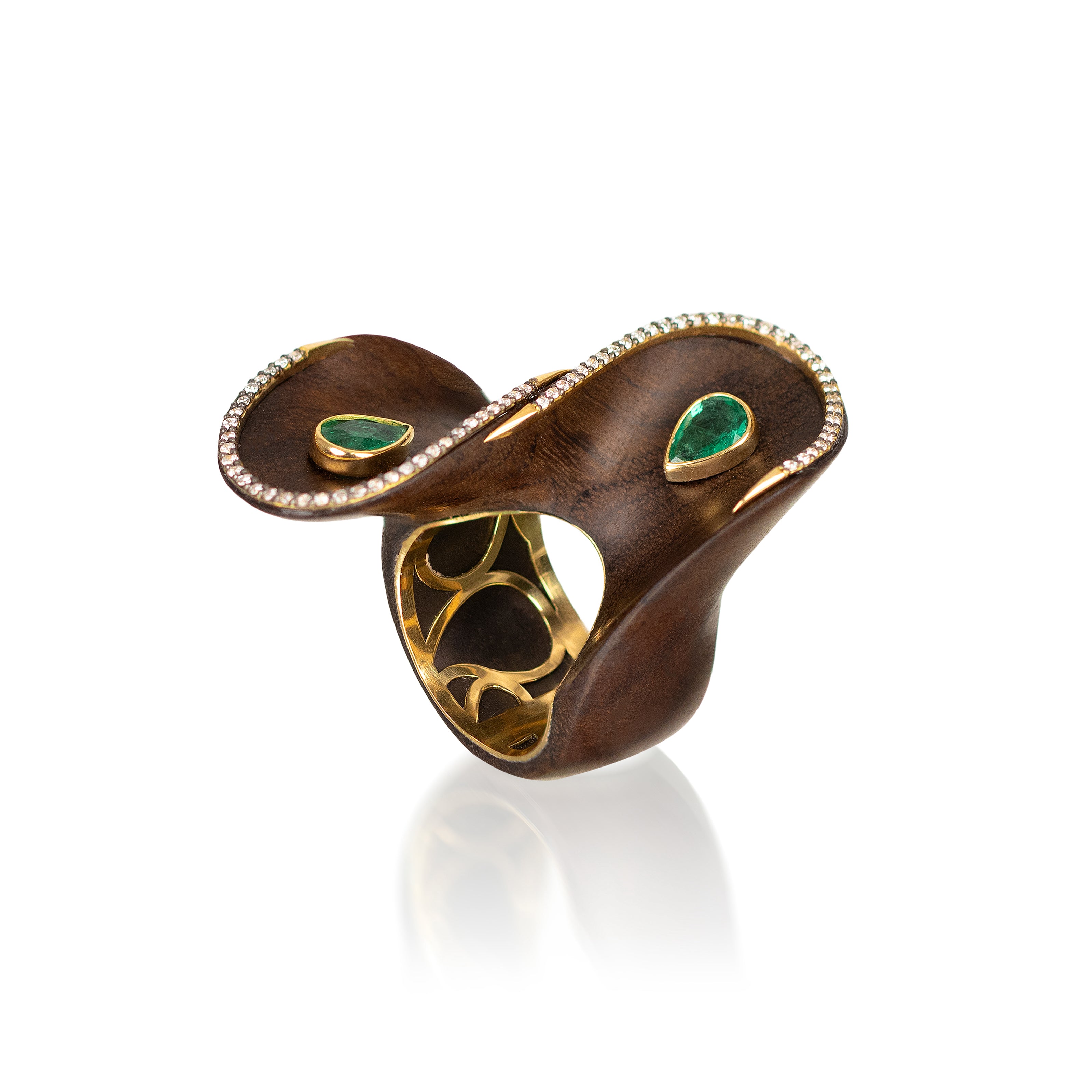 18k yellow gold Brauna twisted wood ring with emeralds and diamond by Silvia Furmanovich Tiny Gods 