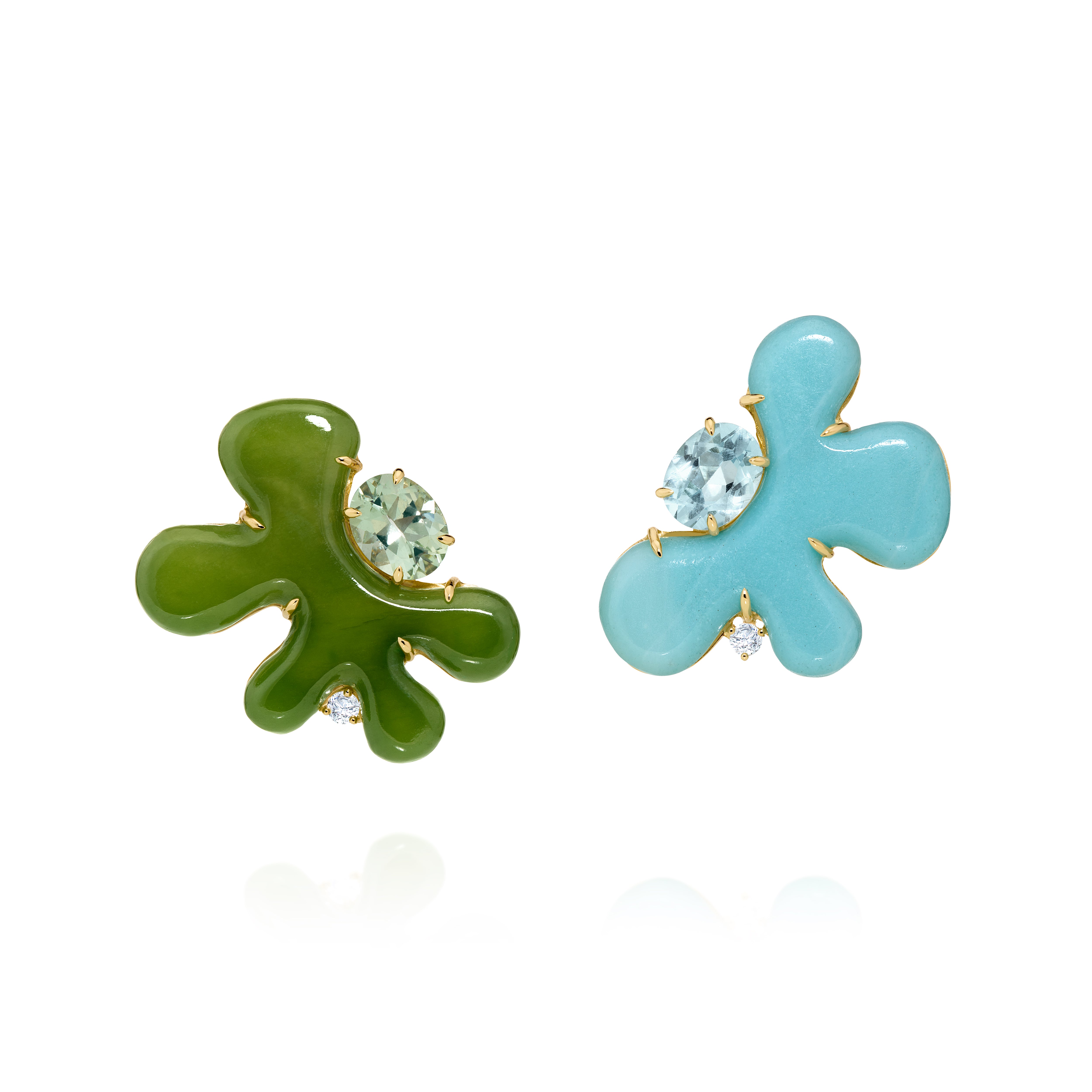 18k yellow gold blue amazonite and green jade antropofagia cloud earrings with prasiolite and blue topaz by Sauer Tiny Gods 