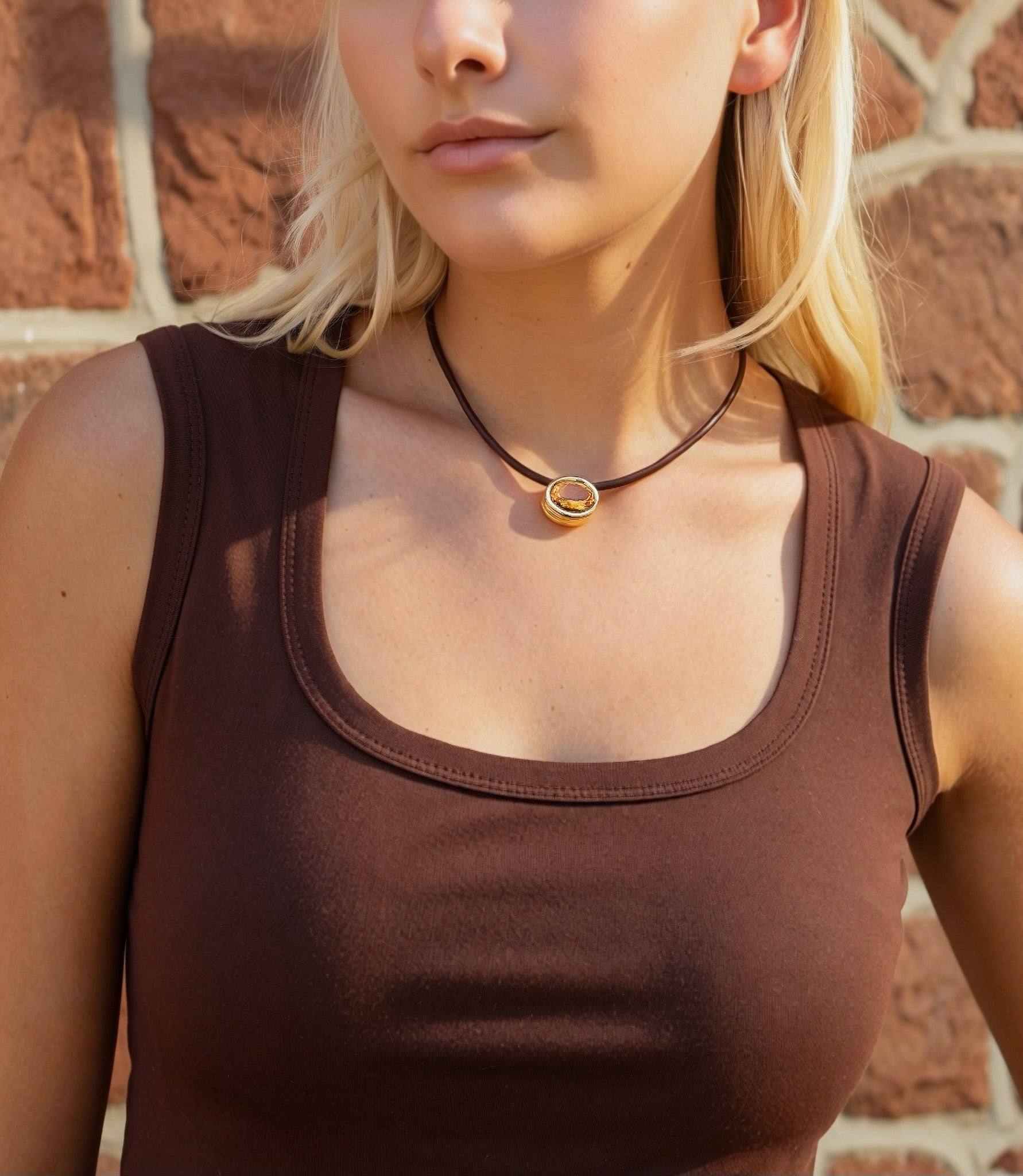 18k yellow gold brown leather cord scuba citrine bezel choker pendant necklace beck tiny gods