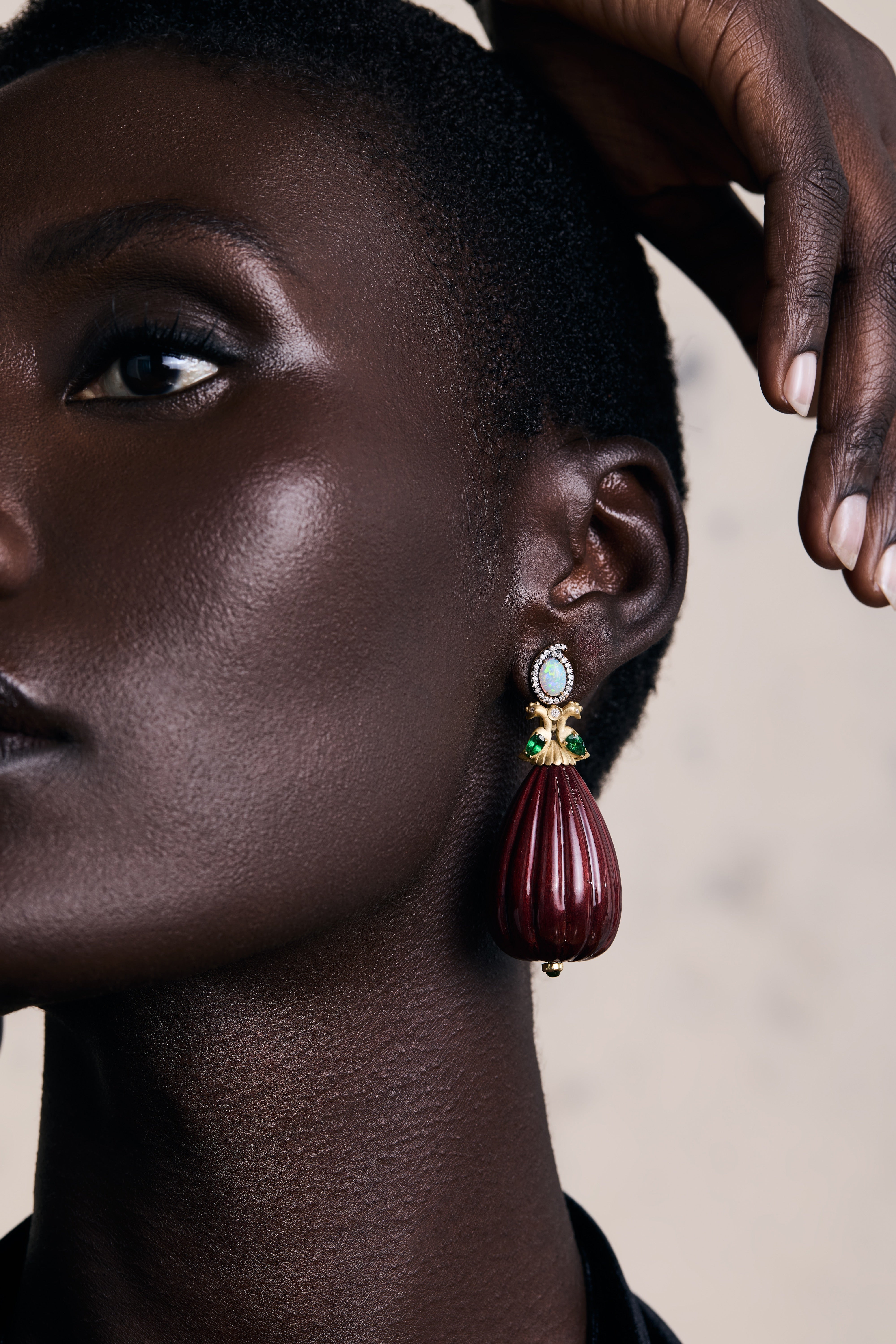 18k yellow gold burgundy lacquered marquetry teardrop earrings with birds tsavorite wings and white opal earrings by Silvia Furmanovich Tiny Gods 