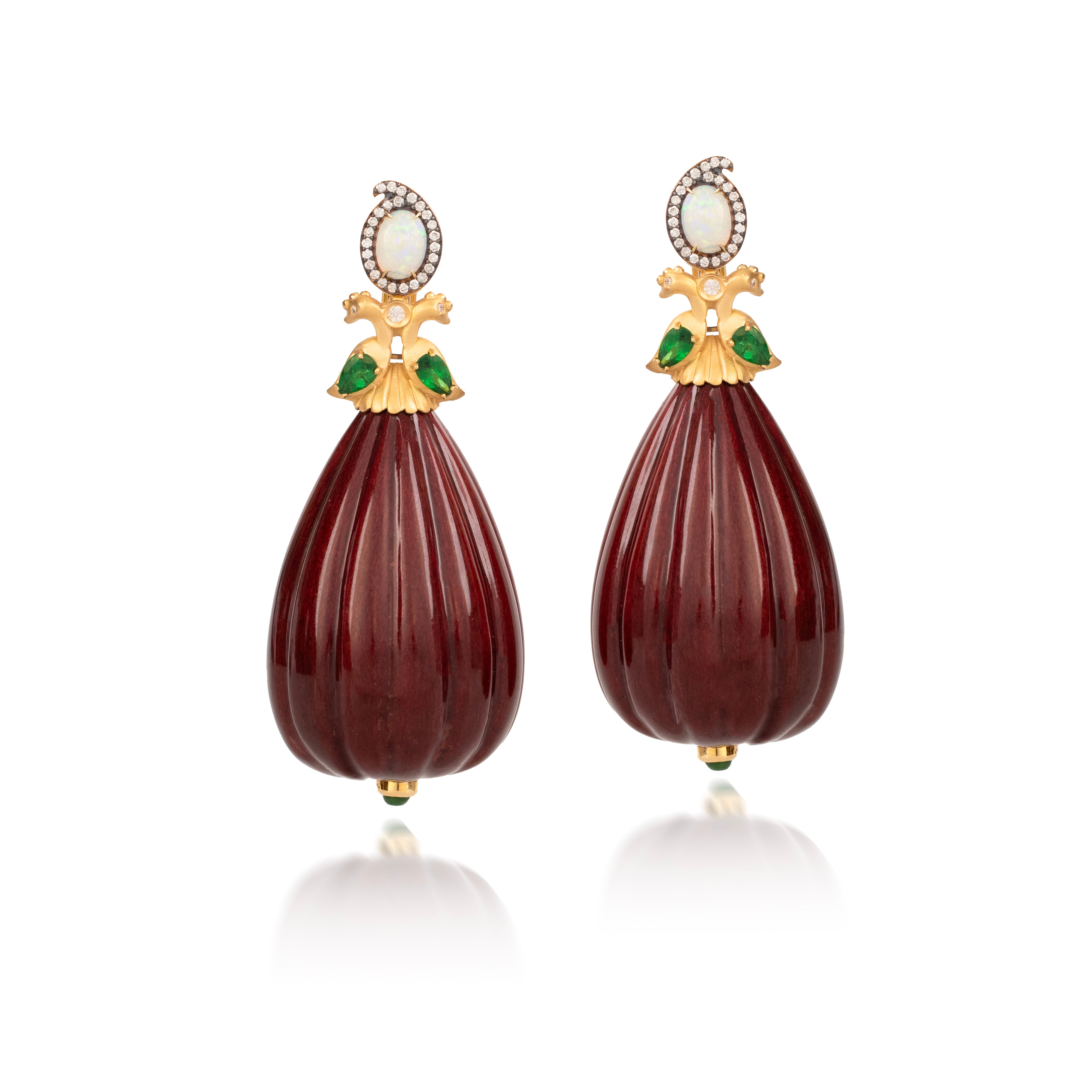 18k yellow gold burgundy lacquered marquetry teardrop earrings with birds tsavorite wings and white opal earrings by Silvia Furmanovich Tiny Gods 