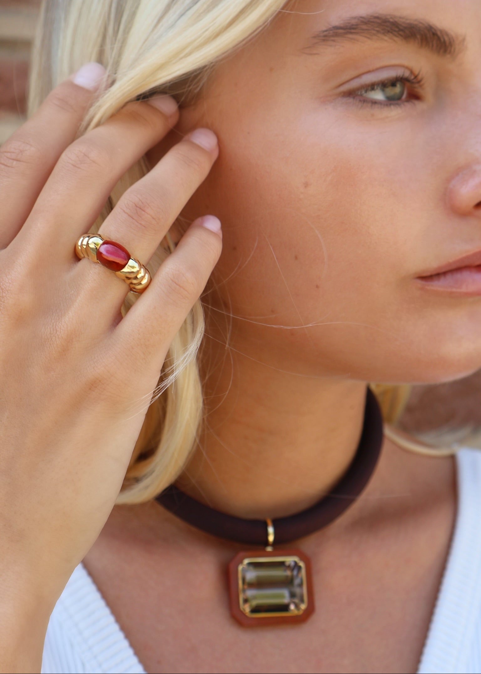 18k yellow gold round cabochon jasper cipo ring by Sauer Tiny Gods 