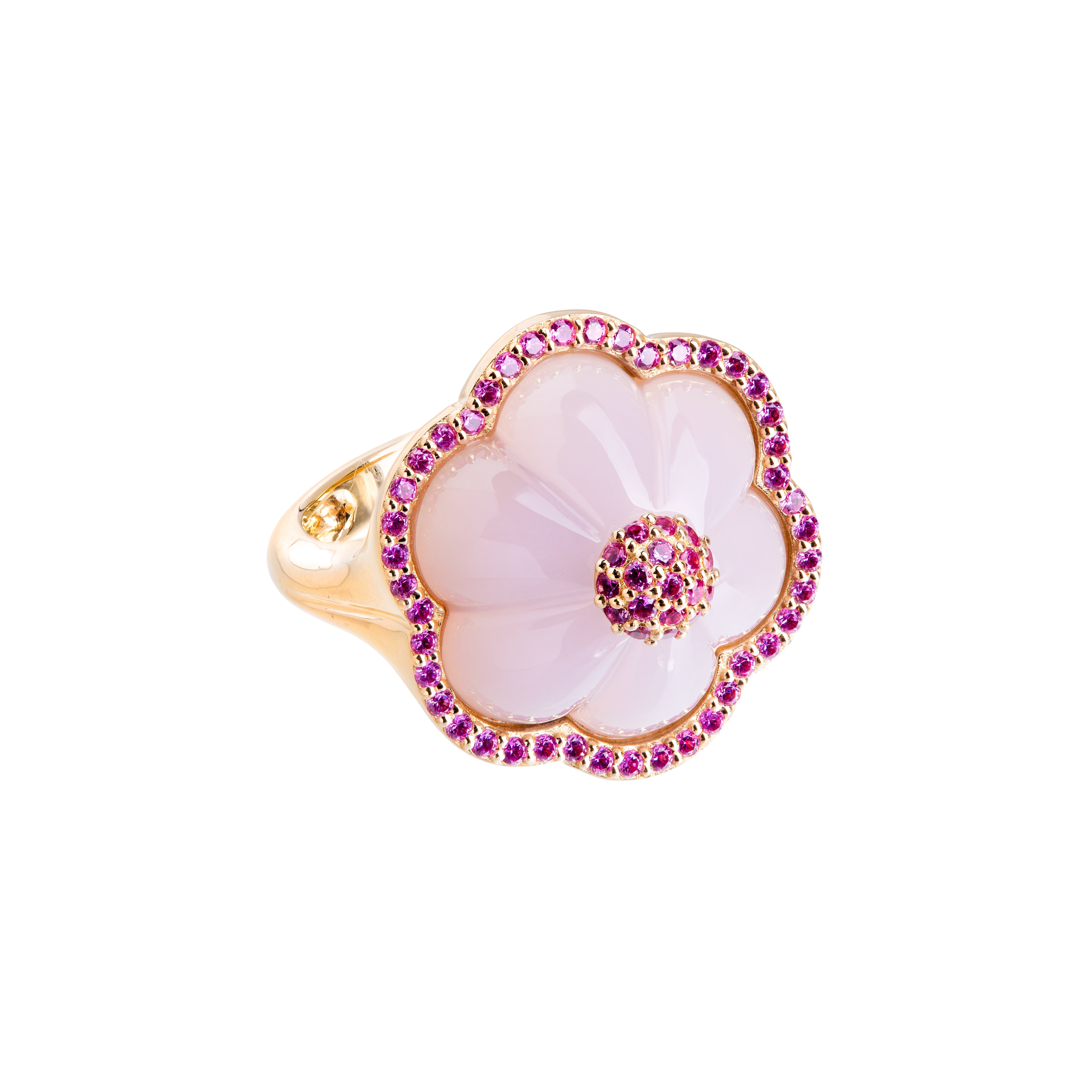 18k yellow gold hand carved pink chalcedony flower with pink sapphire border ring by Guita M Tiny Gods 