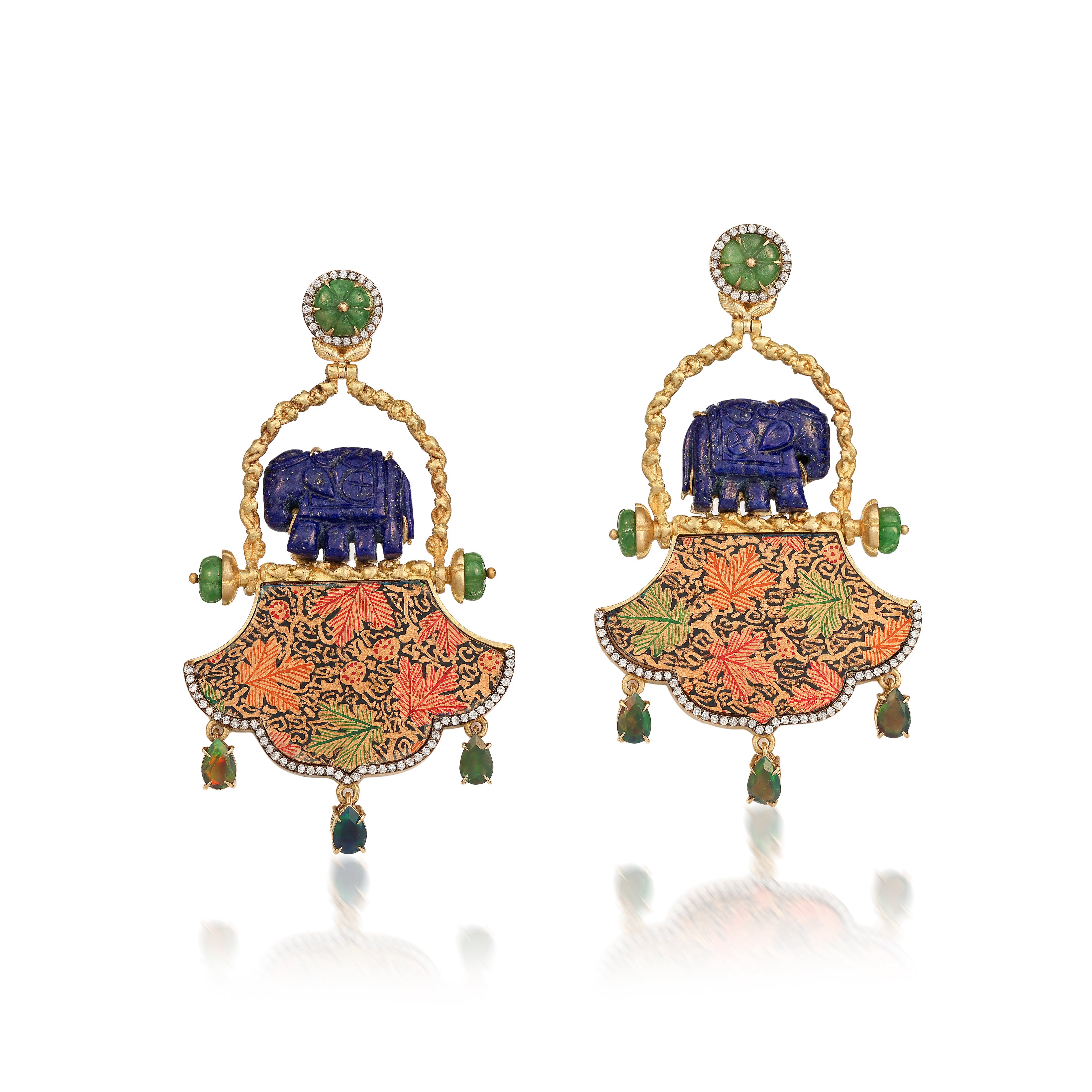 18k yellow gold lapis elephant paper mache leaf print with black opal, green opal and diamond swinging earrings by Silvia Furmanovich Tiny Gods 