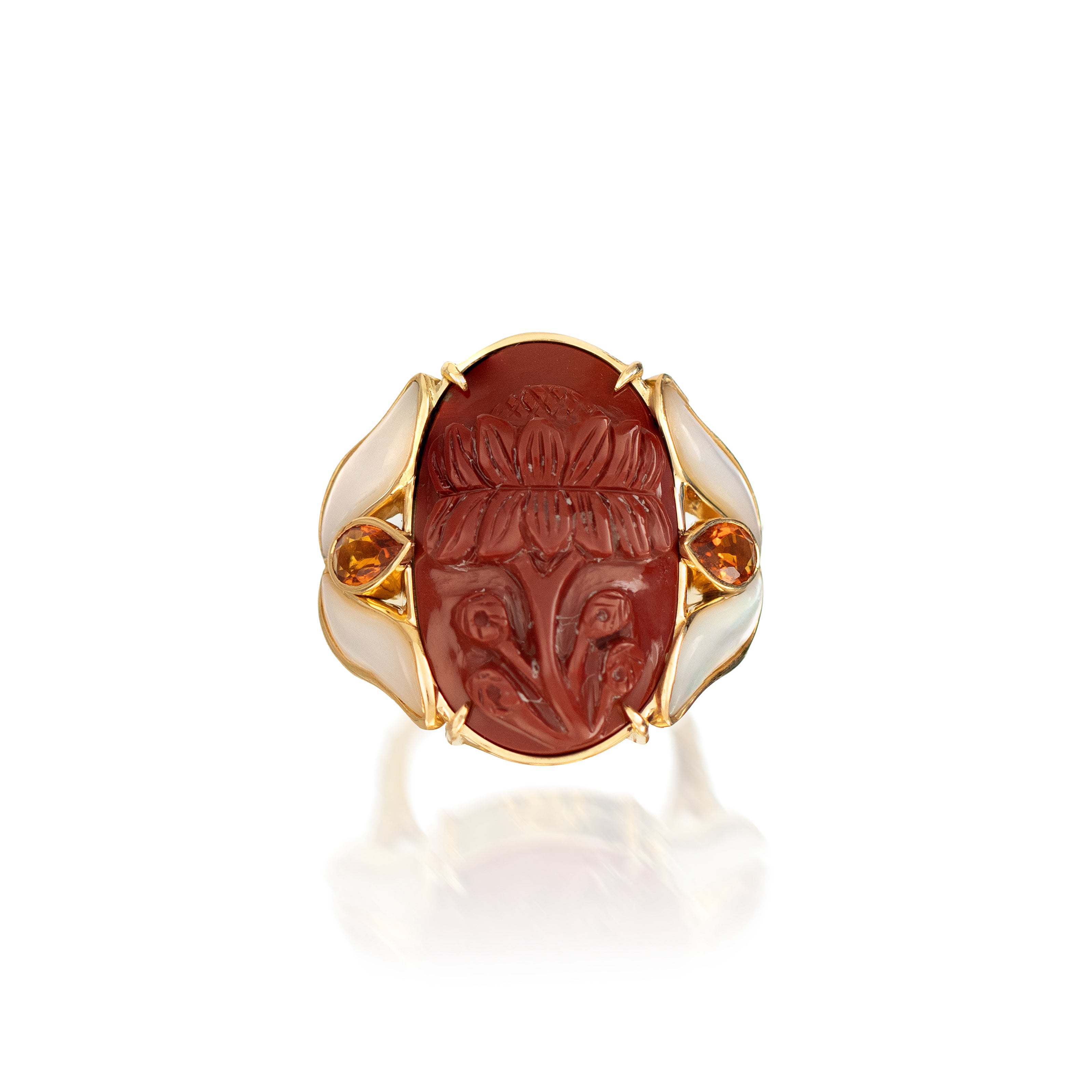 18k yellow gold carved floral pattern flower red jasper mother of pearl and citrine statement ring by Silvia Furmanovich Tiny Gods 