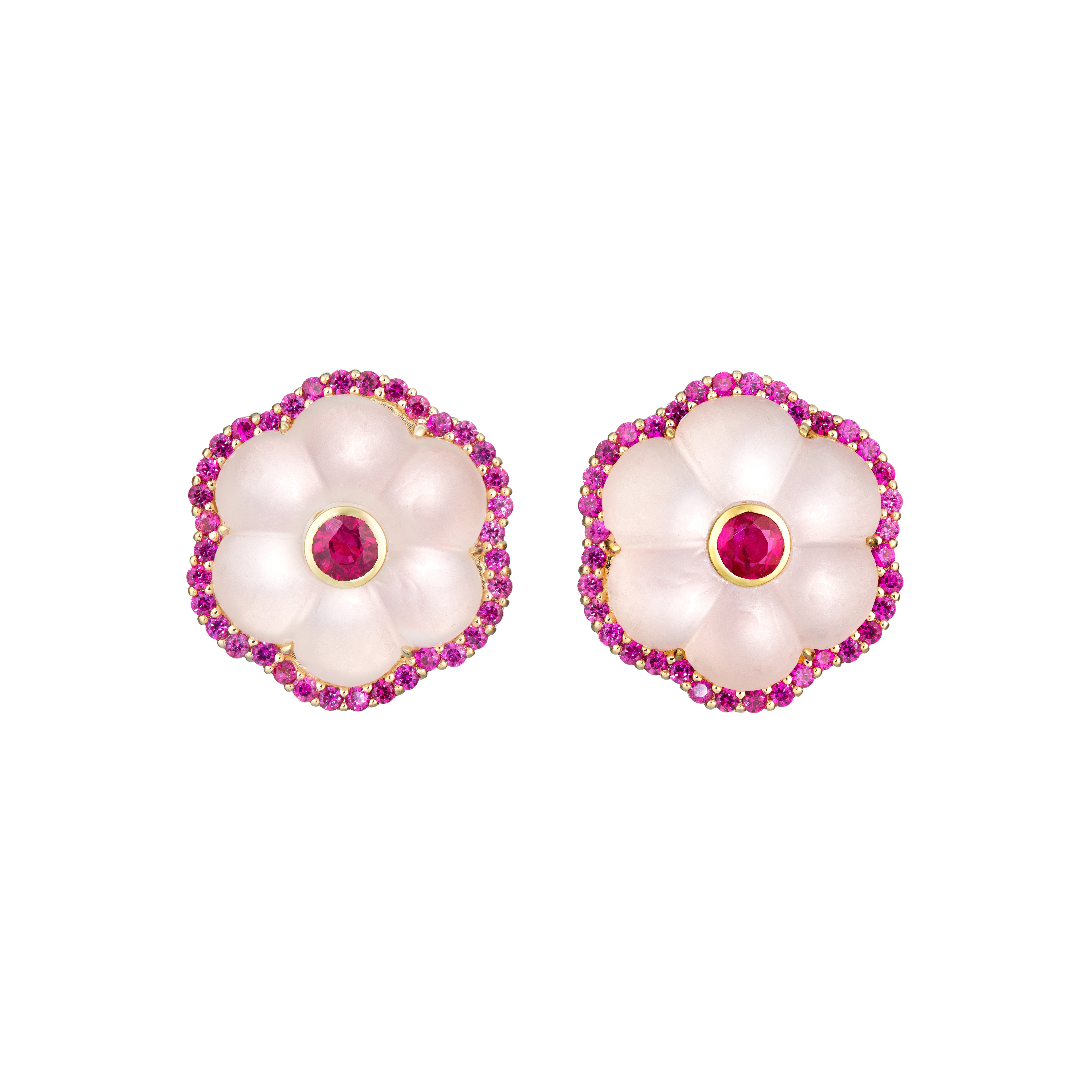 18k yellow gold hand carved rose quartz flower studs with ruby border by Guita M Tiny Gods 