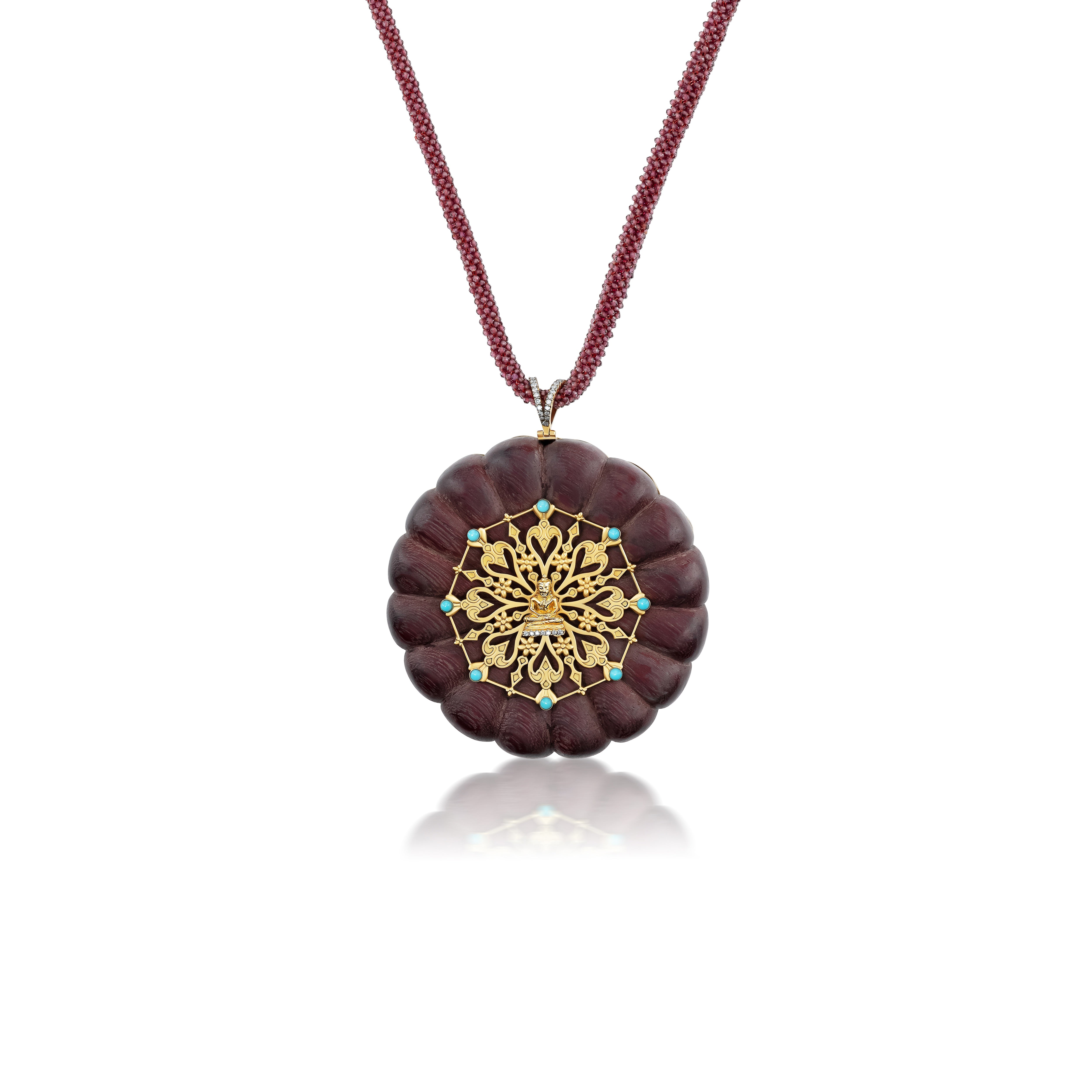 Carved Flower Buddha Medallion Pendant with a Rhodolite Braid