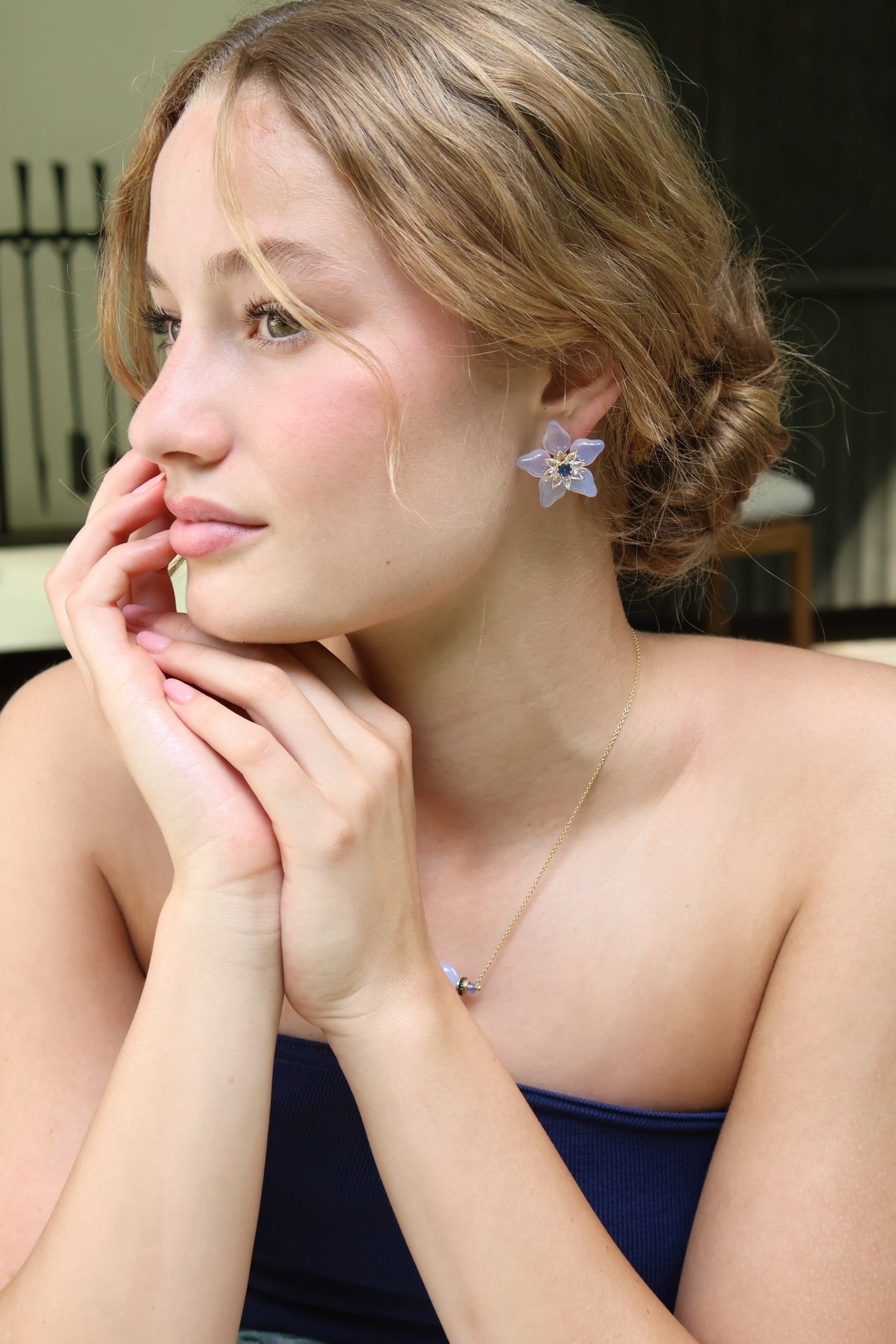 18k yellow gold purple blue Chalcedony petal blossom flower earrings with blue and white sapphire by Tallin Tiny Gods 