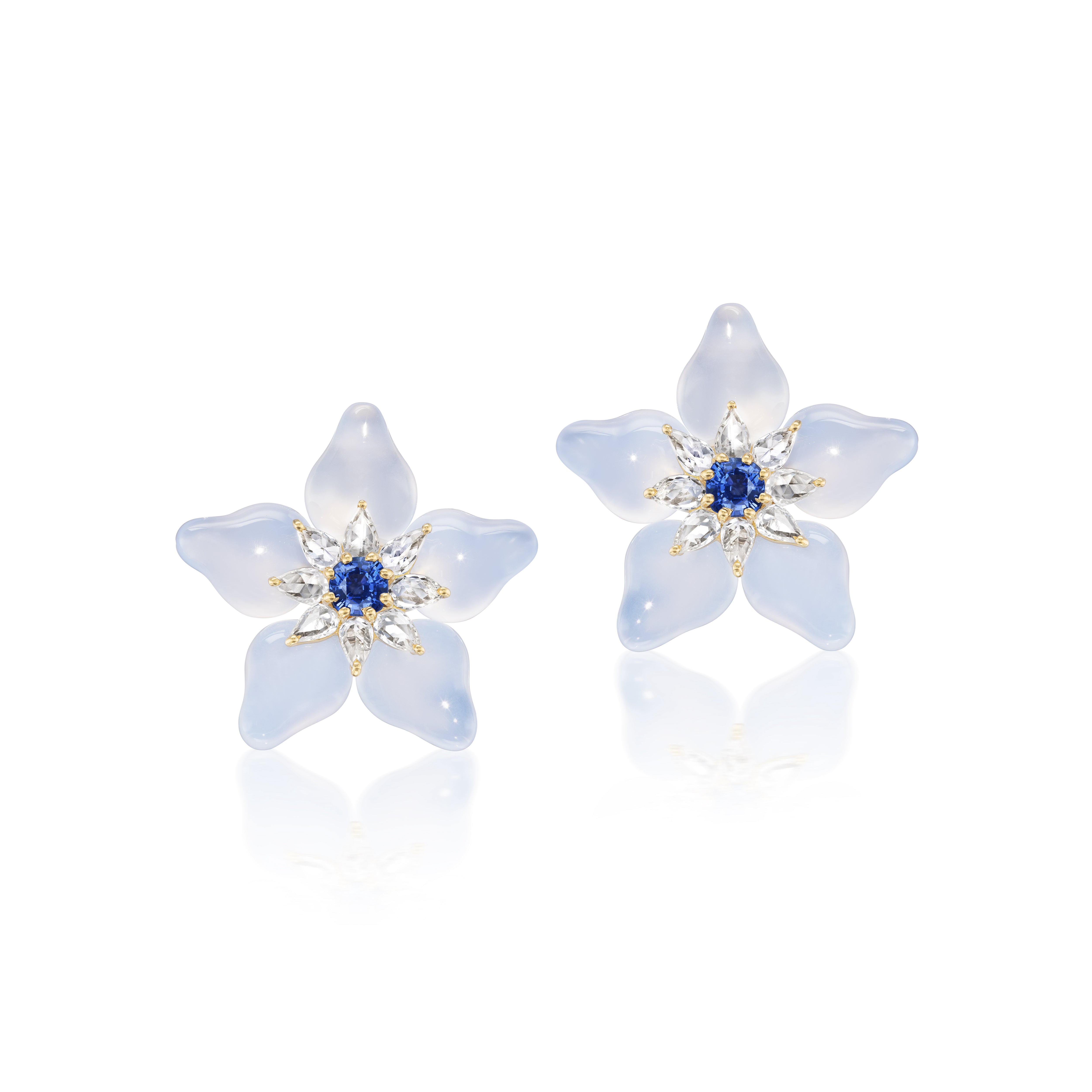 18k yellow gold purple blue Chalcedony petal blossom flower earrings with blue and white sapphire by Tallin Tiny Gods 