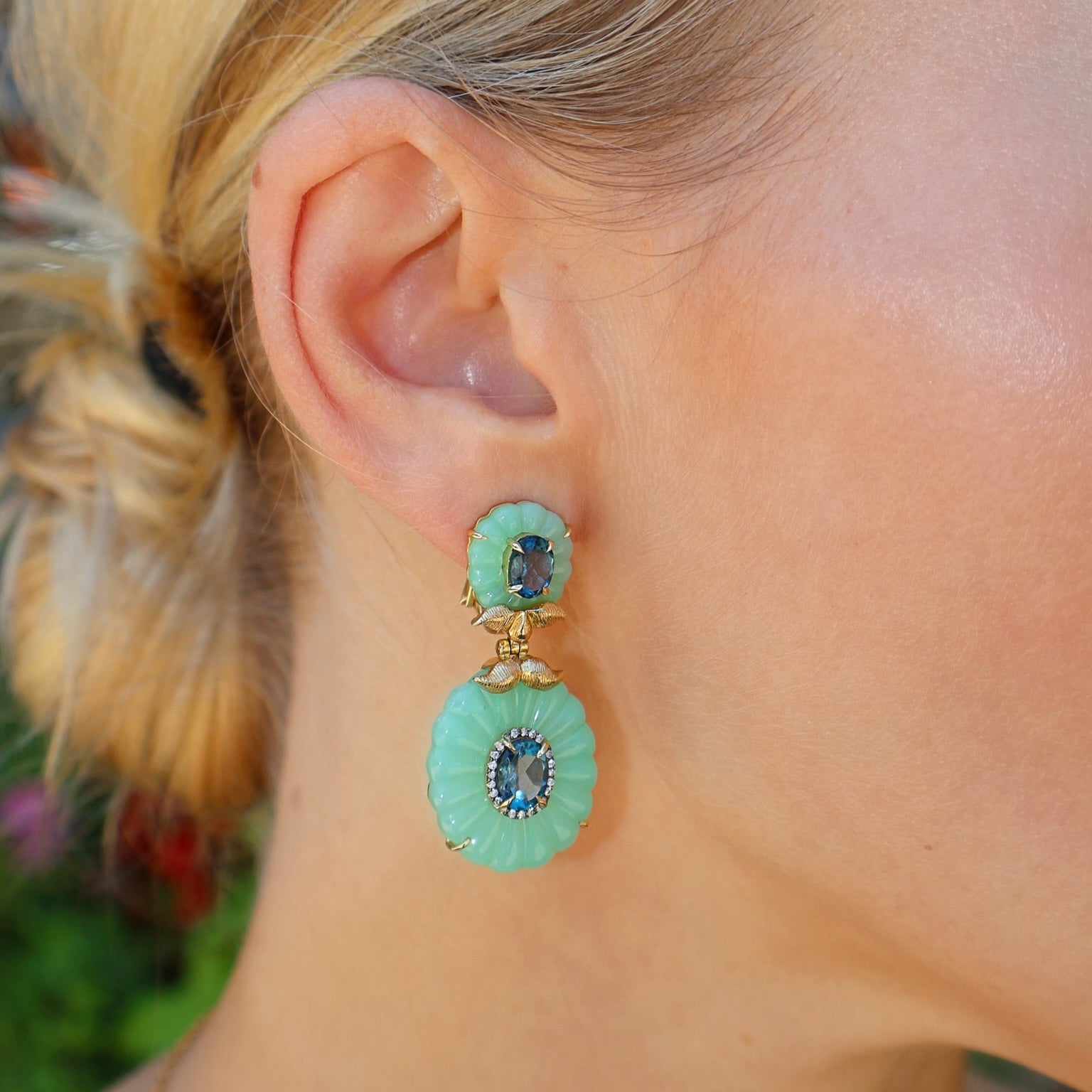 yellow gold chrysoprase blue topaz flower petal drop earring silvia furmanovich tiny gods 