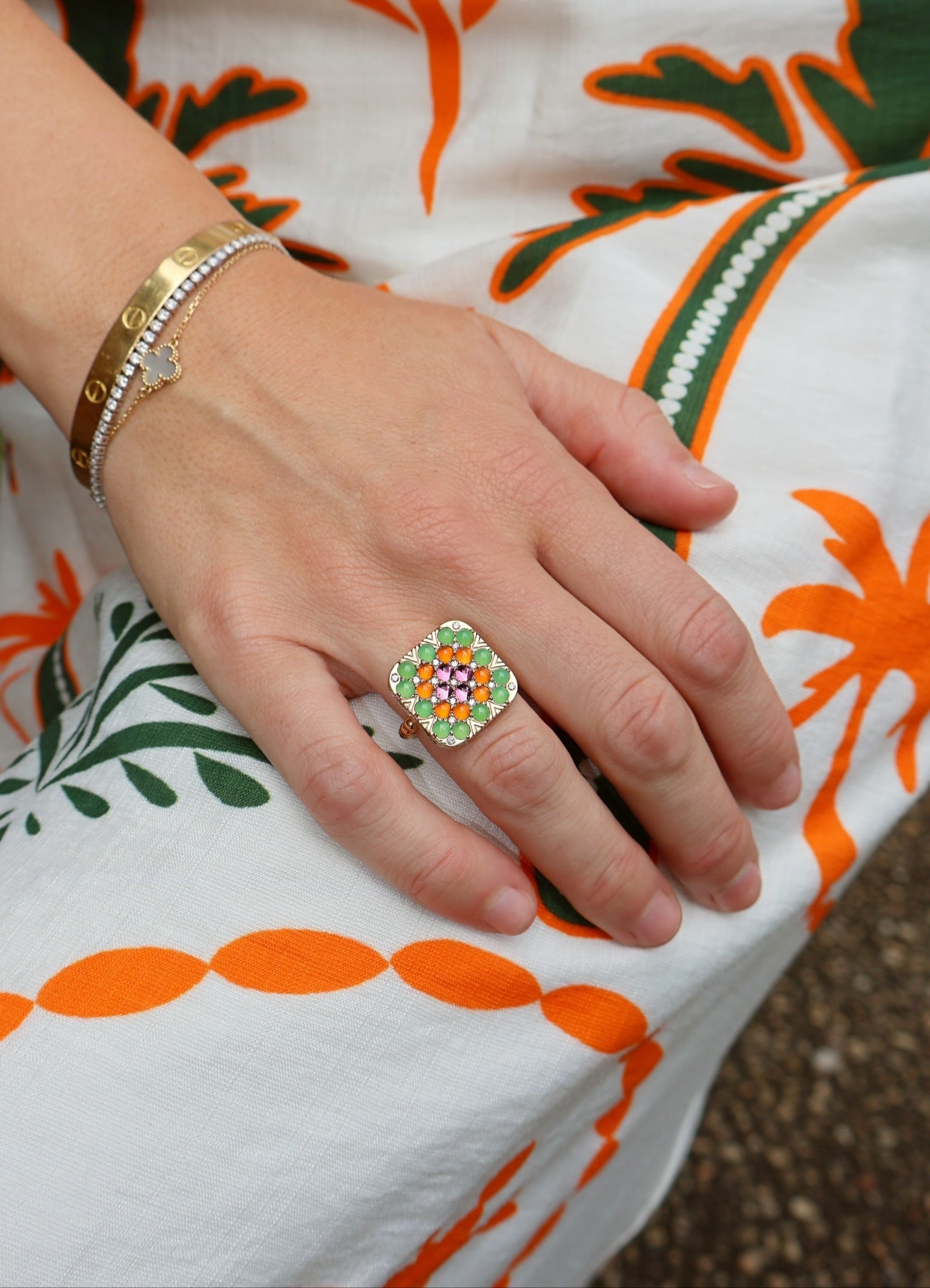 18k yellow gold Peggy granny square green chrysoprase, pink tourmaline and carnelian ring by Harwell Godfrey Tiny Gods 