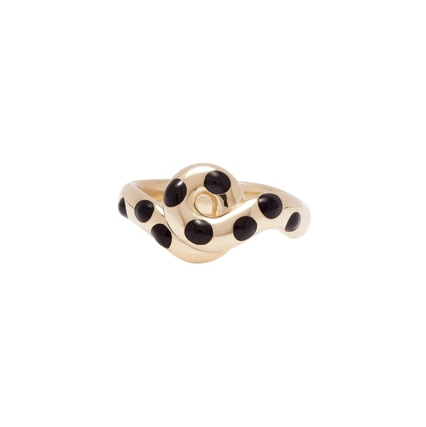 9k yellow gold chunky wave polka dot ring with black enamel by Bea Bongiasca