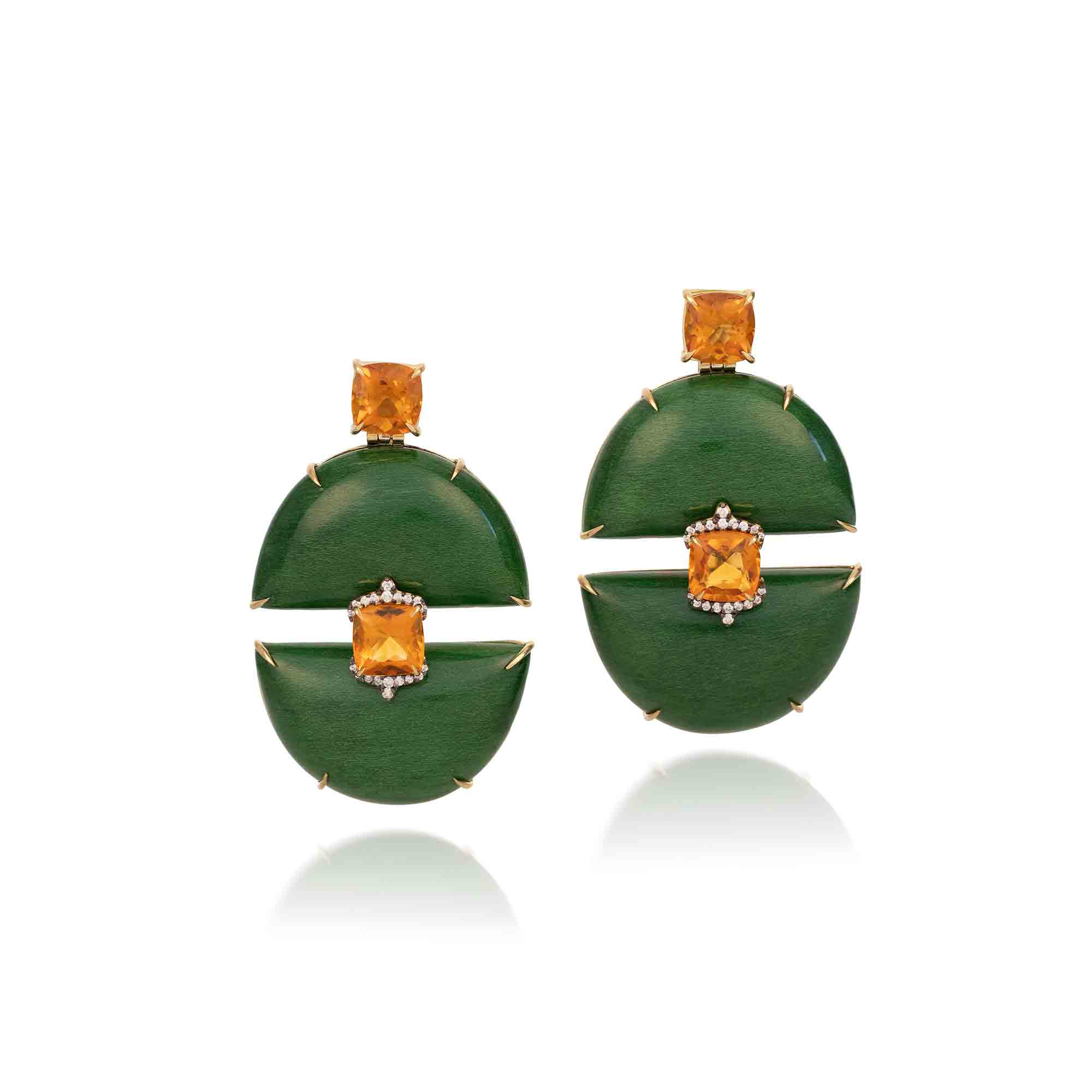 18k yellow gold and diamond green stabilized lacquered wood semi circle earrings with citrine by Silvia Furmanovich Tiny Gods 