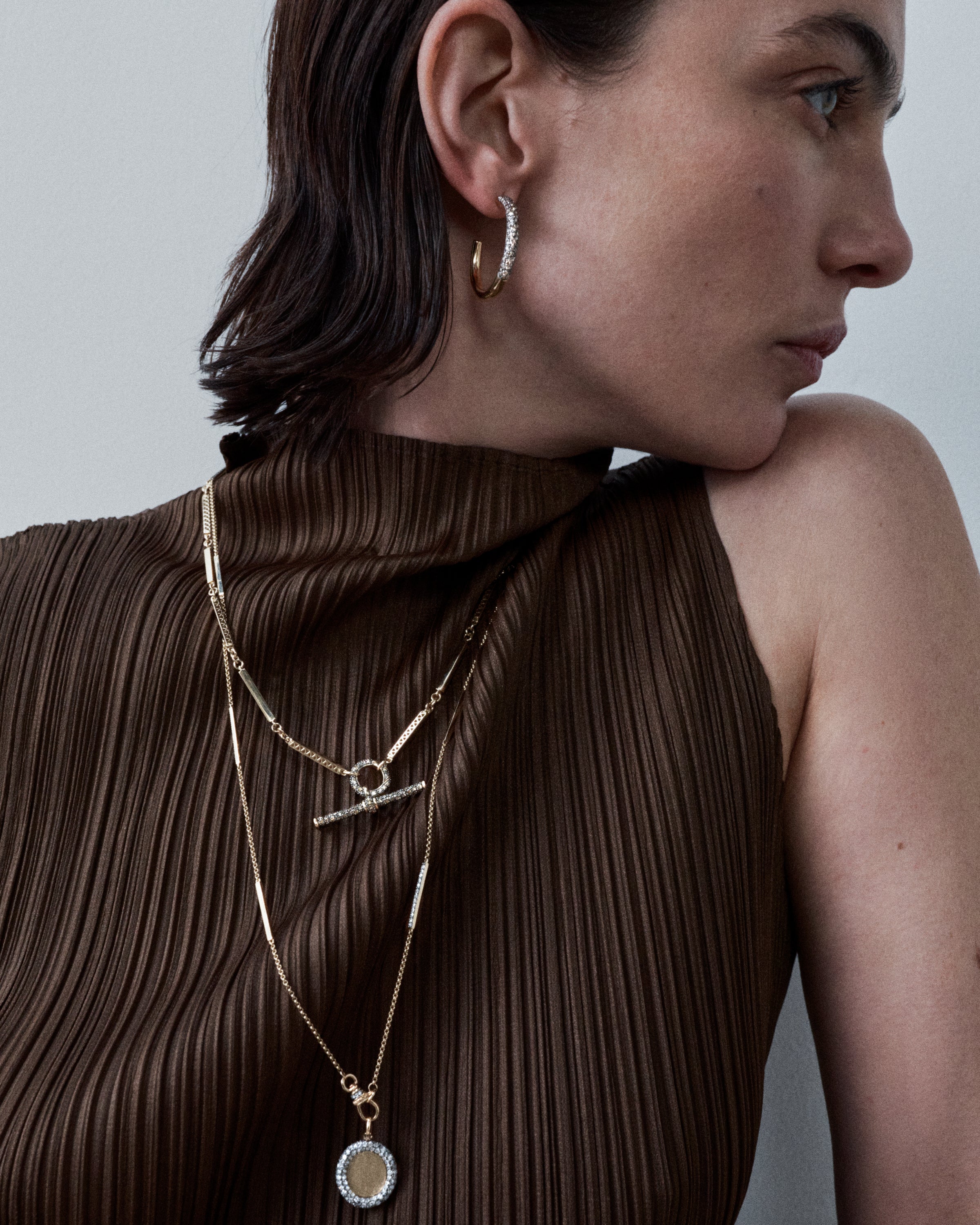 14k yellow gold Albert t bar antique black rhodium and cognac diamond pendant by Lucy Delius Tiny Gods