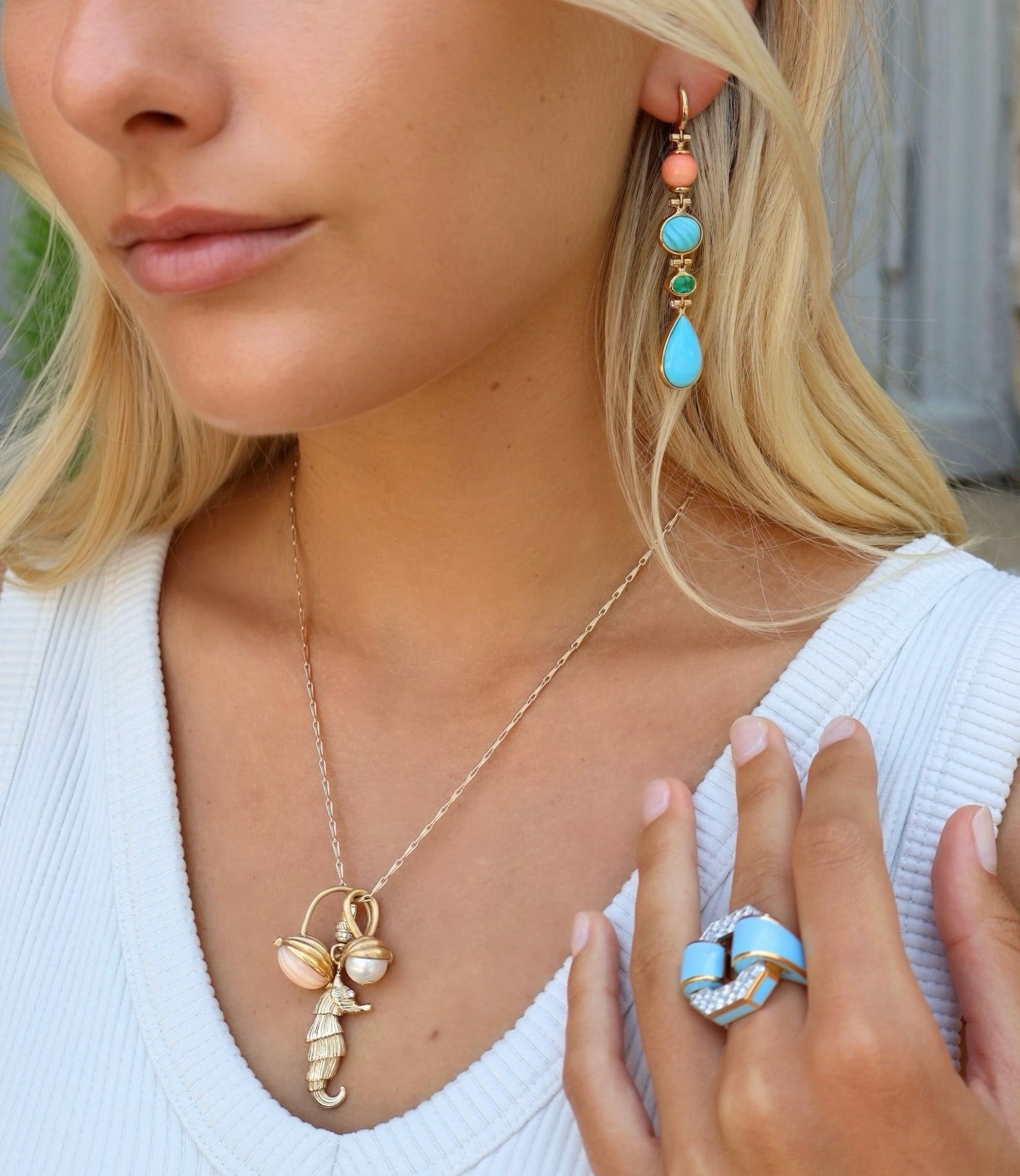 18k yellow gold vintage salmon coral, Brazilian emeralds, diamonds and turquoise porto drop dangle huggie earrings by Beck Tiny Gods 