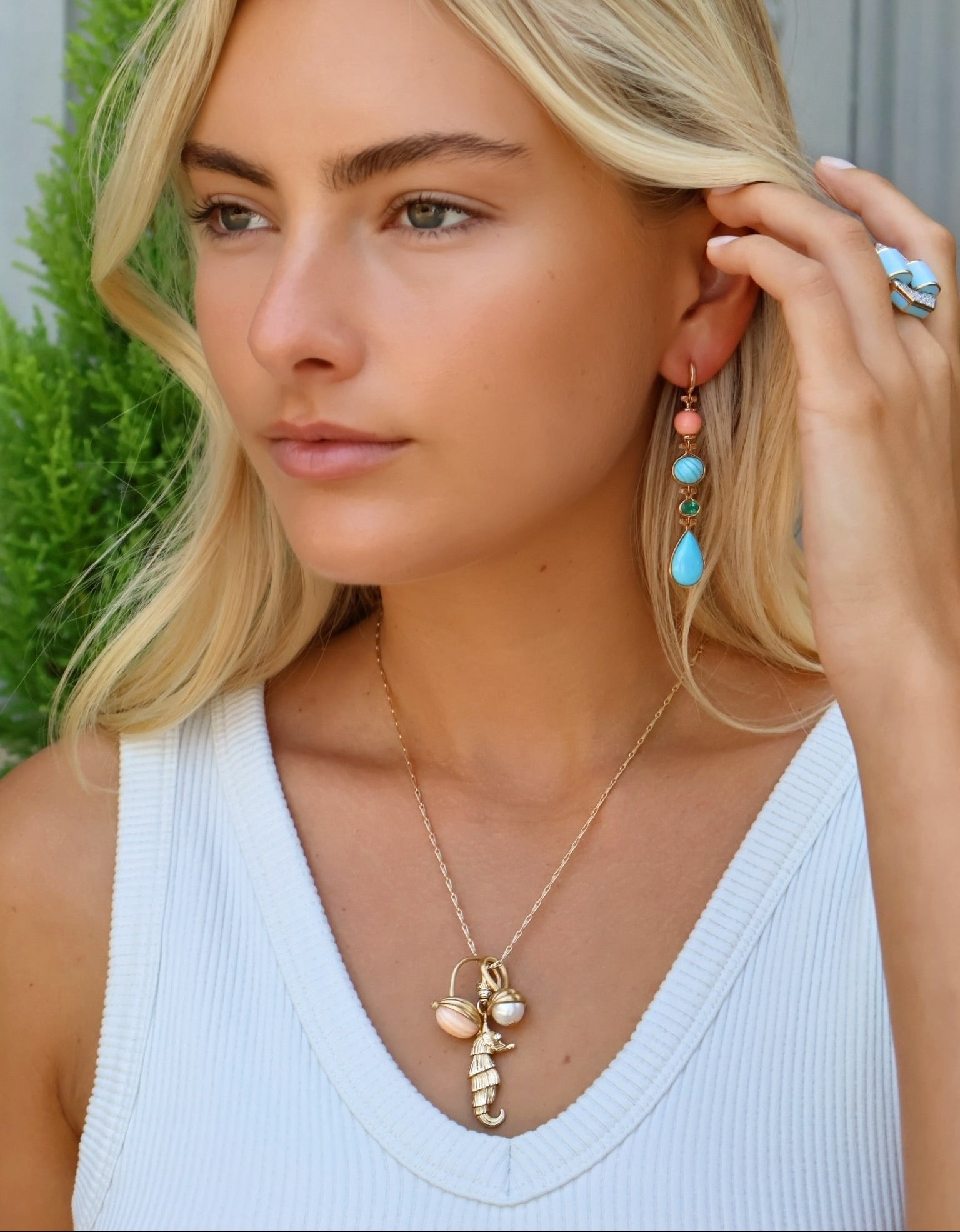 18k yellow gold vintage salmon coral, Brazilian emeralds, diamonds and turquoise porto drop dangle huggie earrings by Beck Tiny Gods 