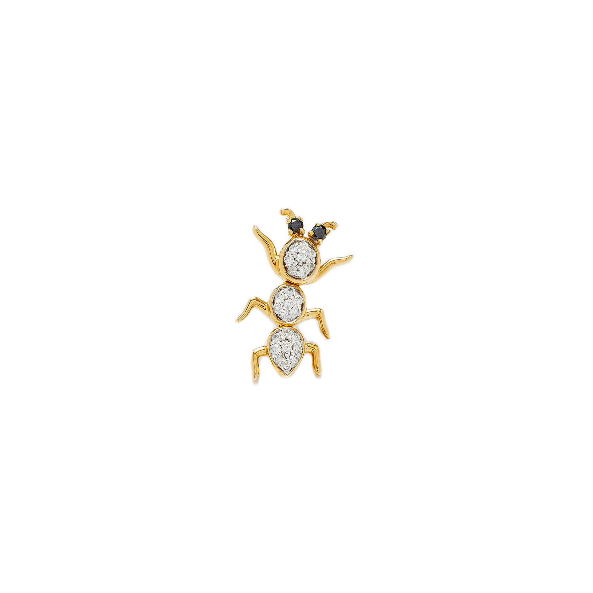 9k yellow gold diamond pave ant with black diamond eyes stud earring by Yvonne Leon single 