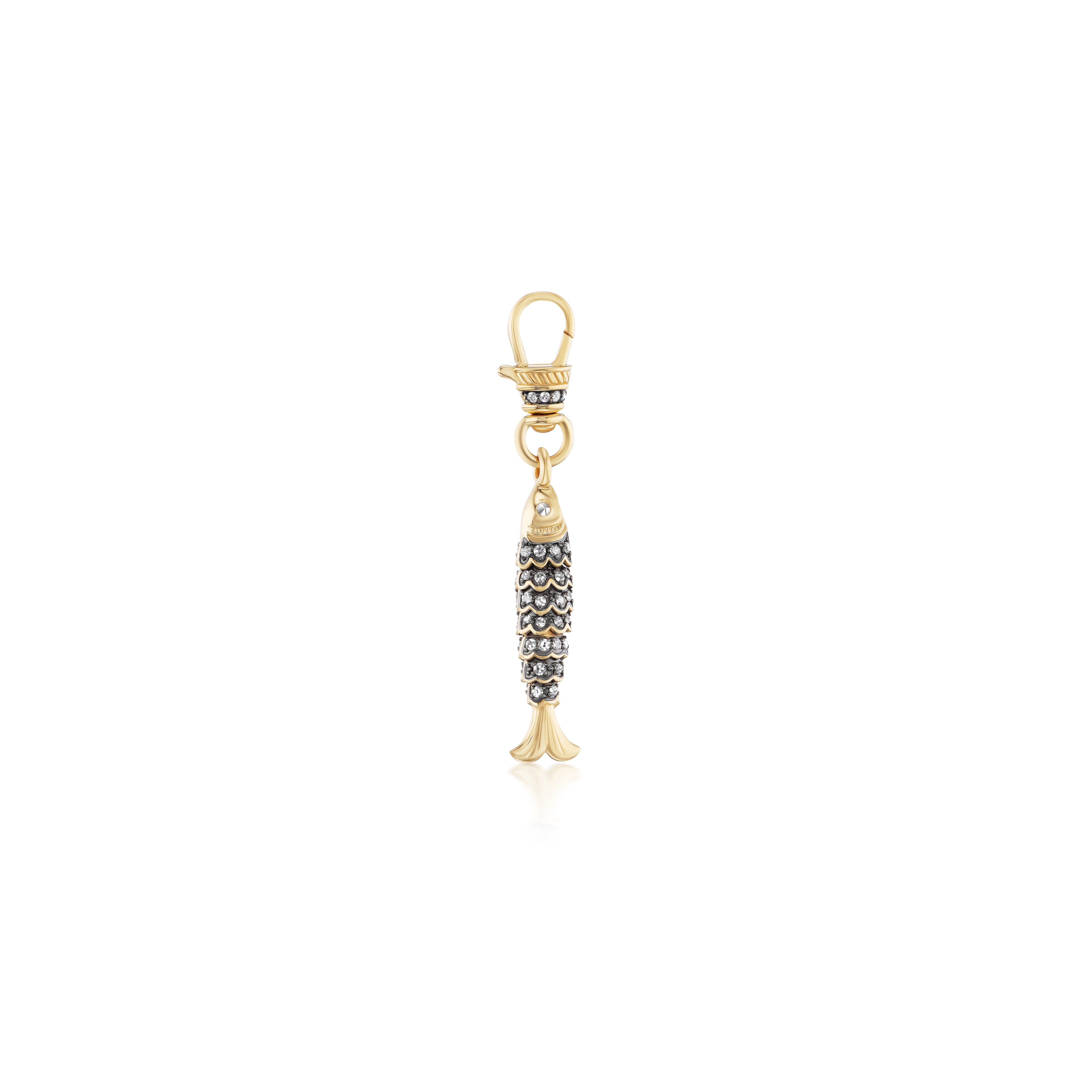 14k yellow gold and diamond dinky fish pendant with black antique rhodium finish by Lucy Delius Tiny Gods 