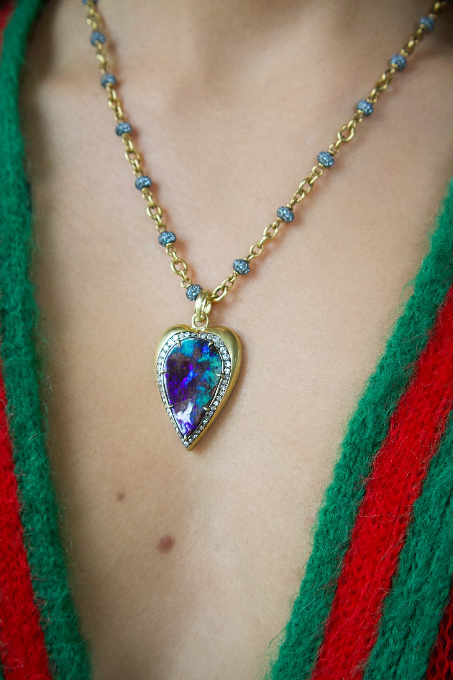 18k yellow gold and silver heart bezel set Australian boulder opal blue green, purple with diamond pendant by Sylva & Cie Tiny Gods 