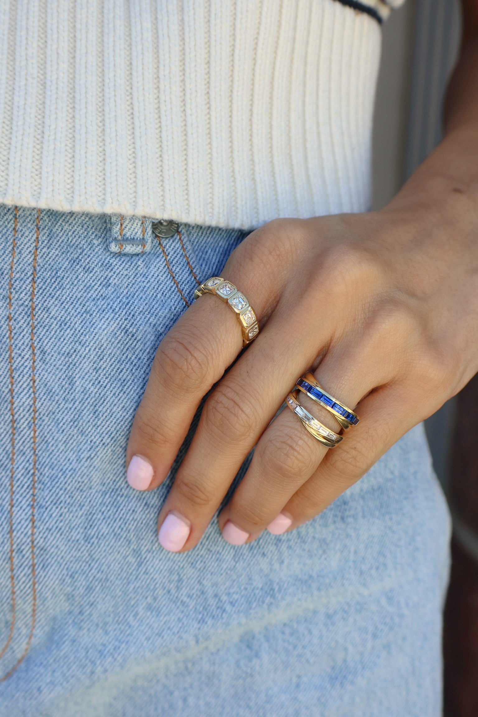 yellow gold diamond baguette crossover stacking ring Tiny Gods 