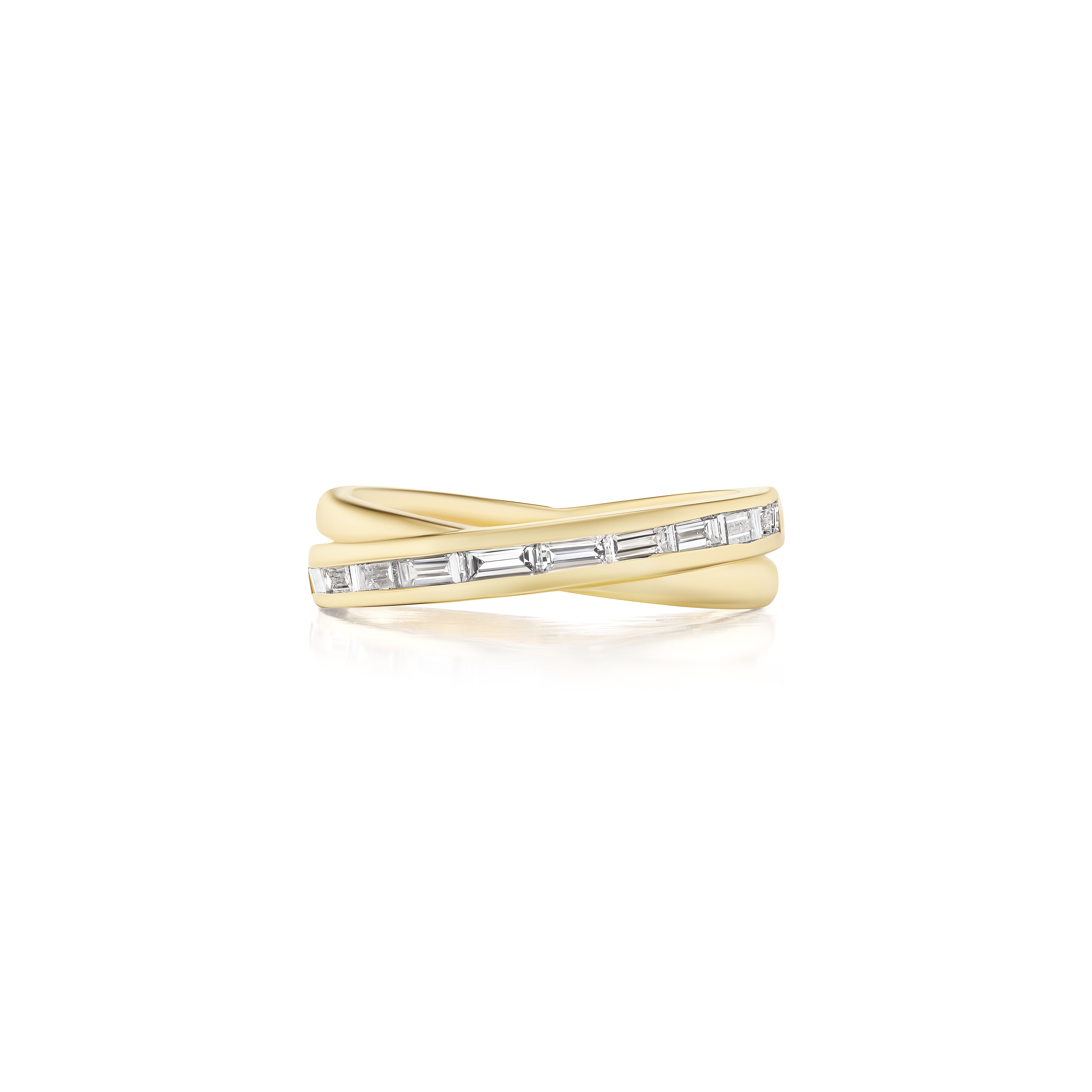 yellow gold diamond baguette crossover stacking ring Tiny Gods 