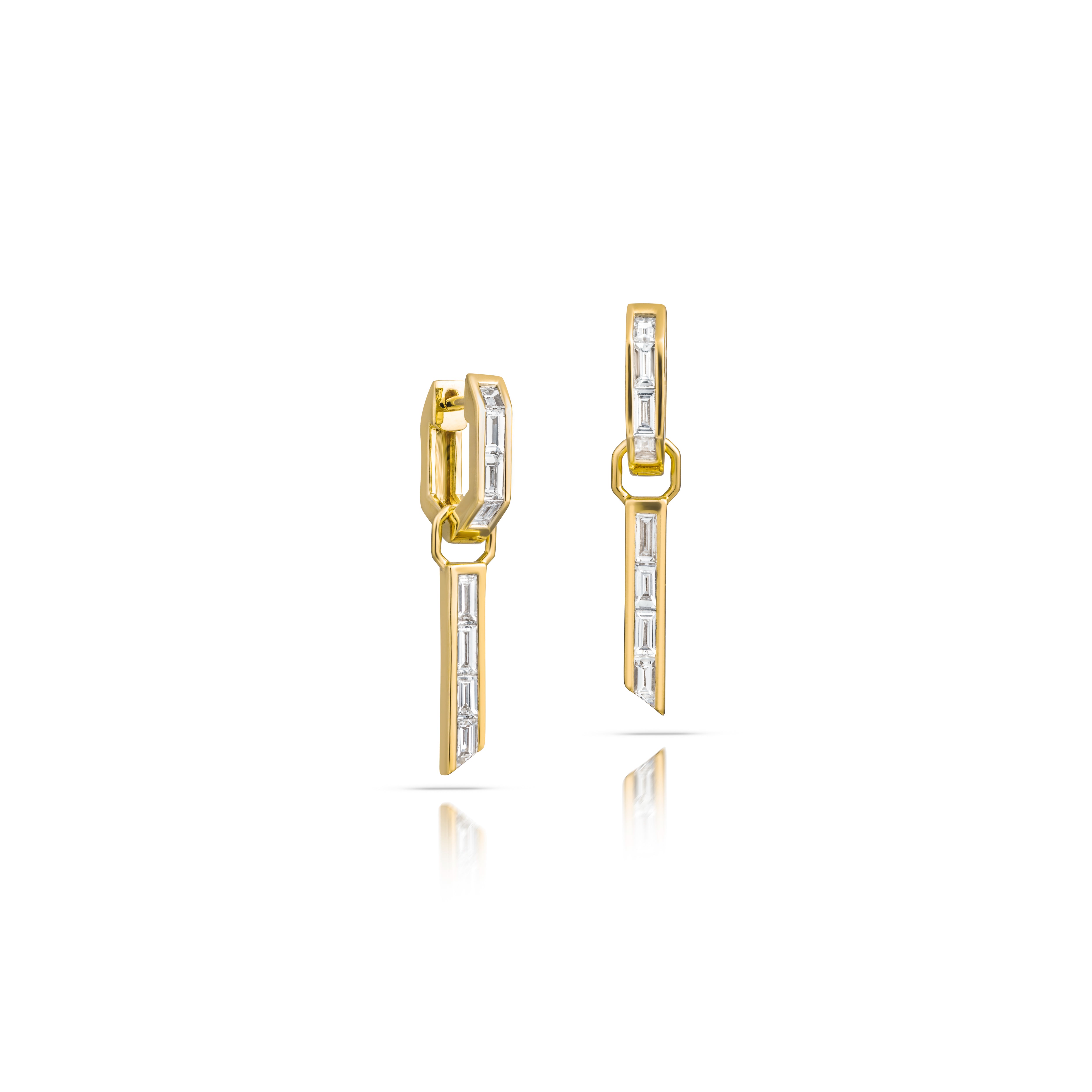 18k yellow gold white diamond baguette small huggie oblong hoops with removable diamond chevron charm earrings by Tomasz Donocik Tiny Gods 