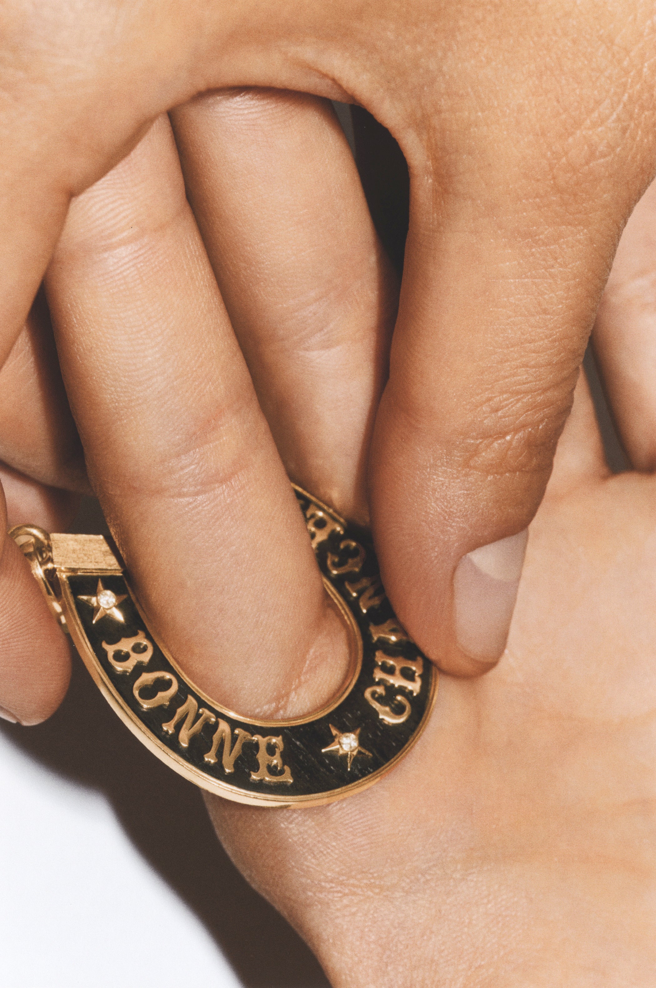 18k yellow gold black ebony wood Bonne Chance horseshoe lucky pendant good luck charm by Marie Lichtenberg Tiny Gods 